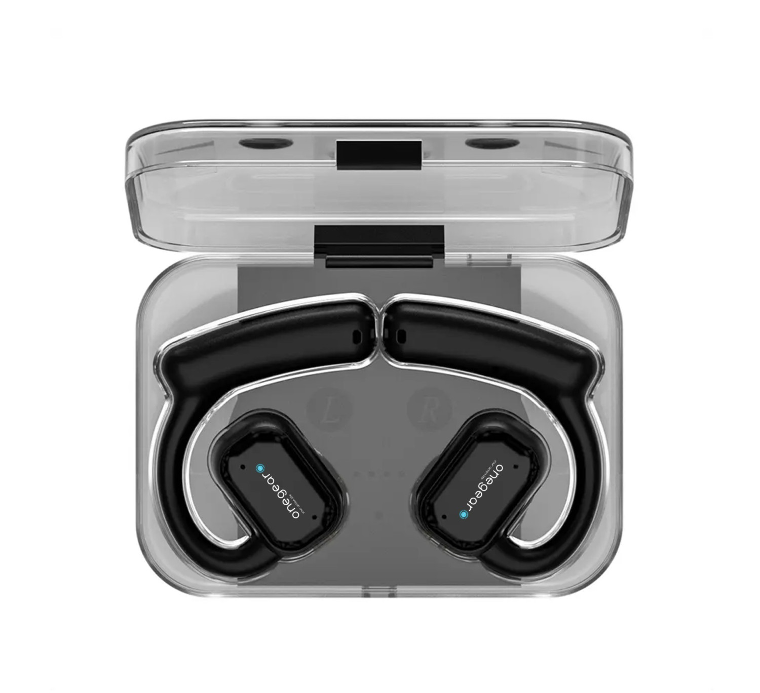 Auricolari wireless neri con ganci per l'orecchio in una custodia di ricarica trasparente.