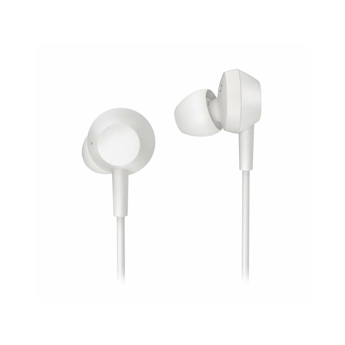 Deux écouteurs intra-auriculaires blancs avec fils sur fond blanc.