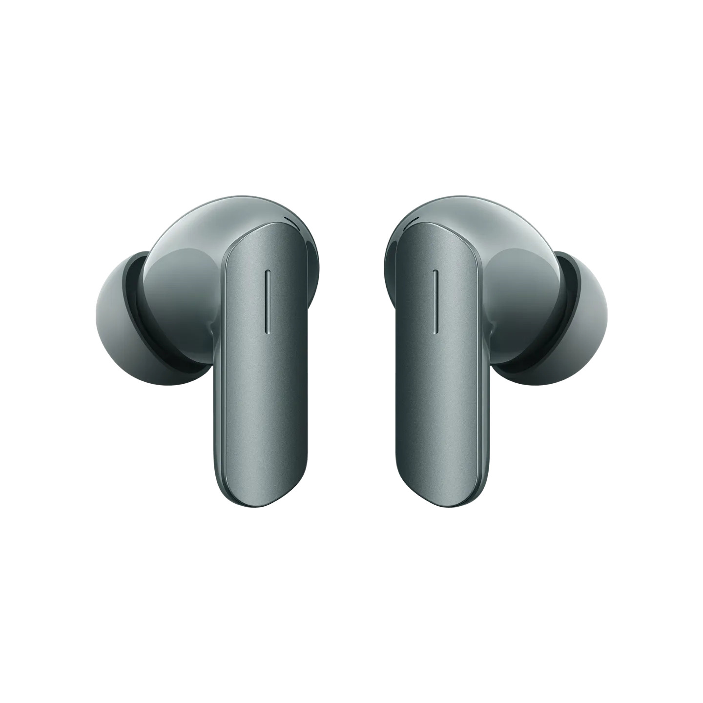Due auricolari wireless grigi uno accanto all'altro su sfondo bianco.