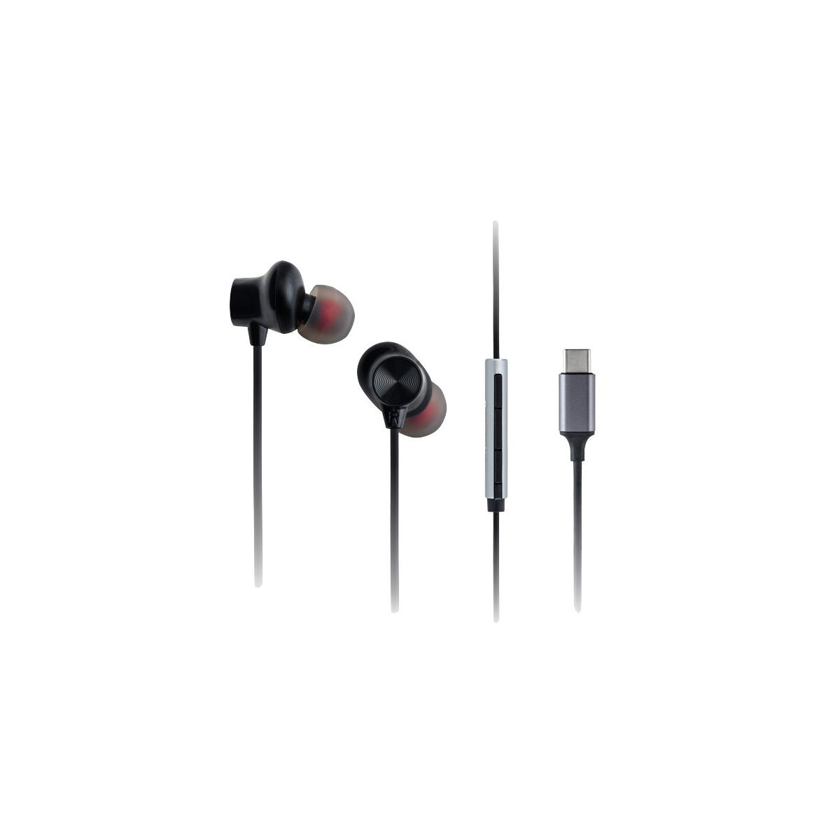 Schwarze In-Ear-Kopfhörer mit USB-C-Anschluss und Lautstärkeregler.