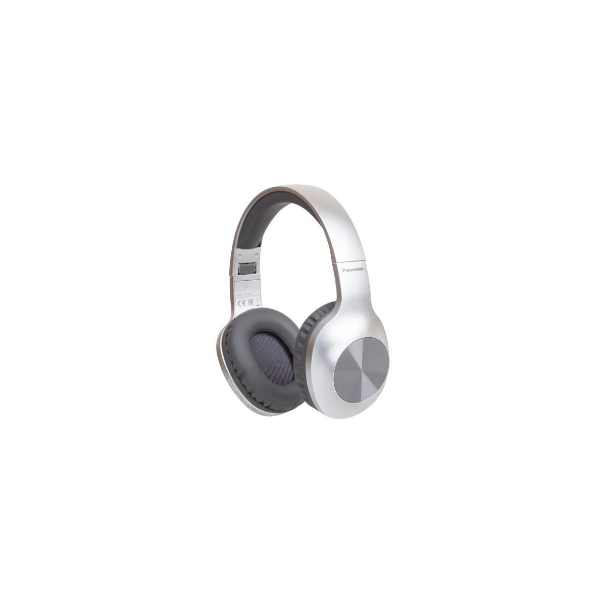 Casque Panasonic argenté avec coussinets rembourrés sur fond blanc.