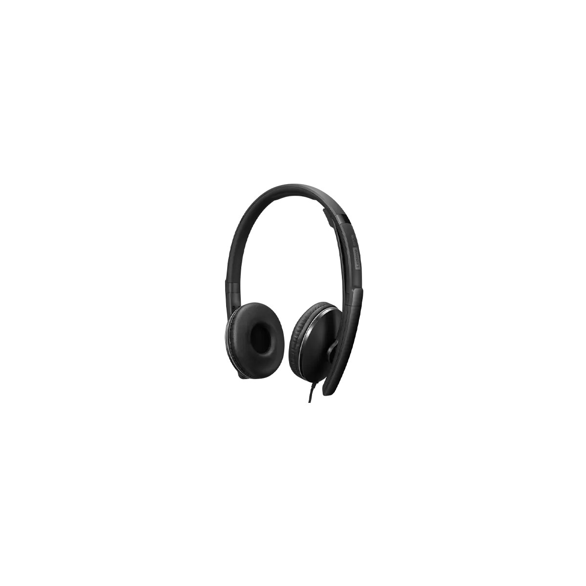 Cuffie Lenovo nere con archetto imbottito e padiglioni auricolari sono mostrate su bianco.
