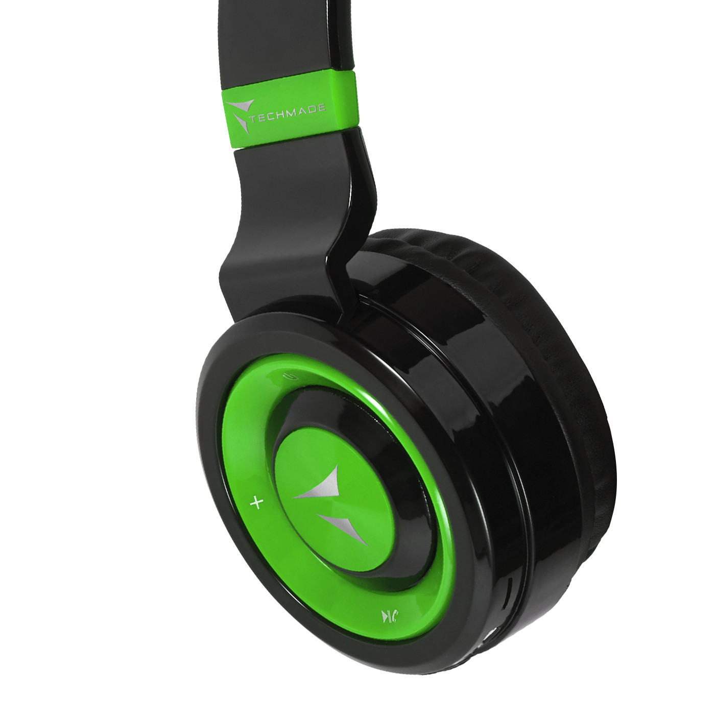 Cuffie nere con accenti verdi e logo Techmade.