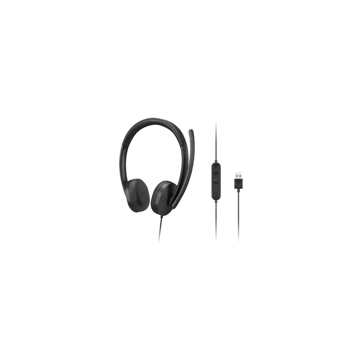 Black headphones with a microphone and USB connector on a white background.