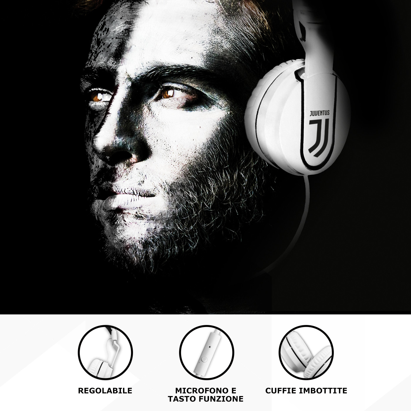 Uomo con trucco viso bianco e nero indossa cuffie bianche con logo Juventus.