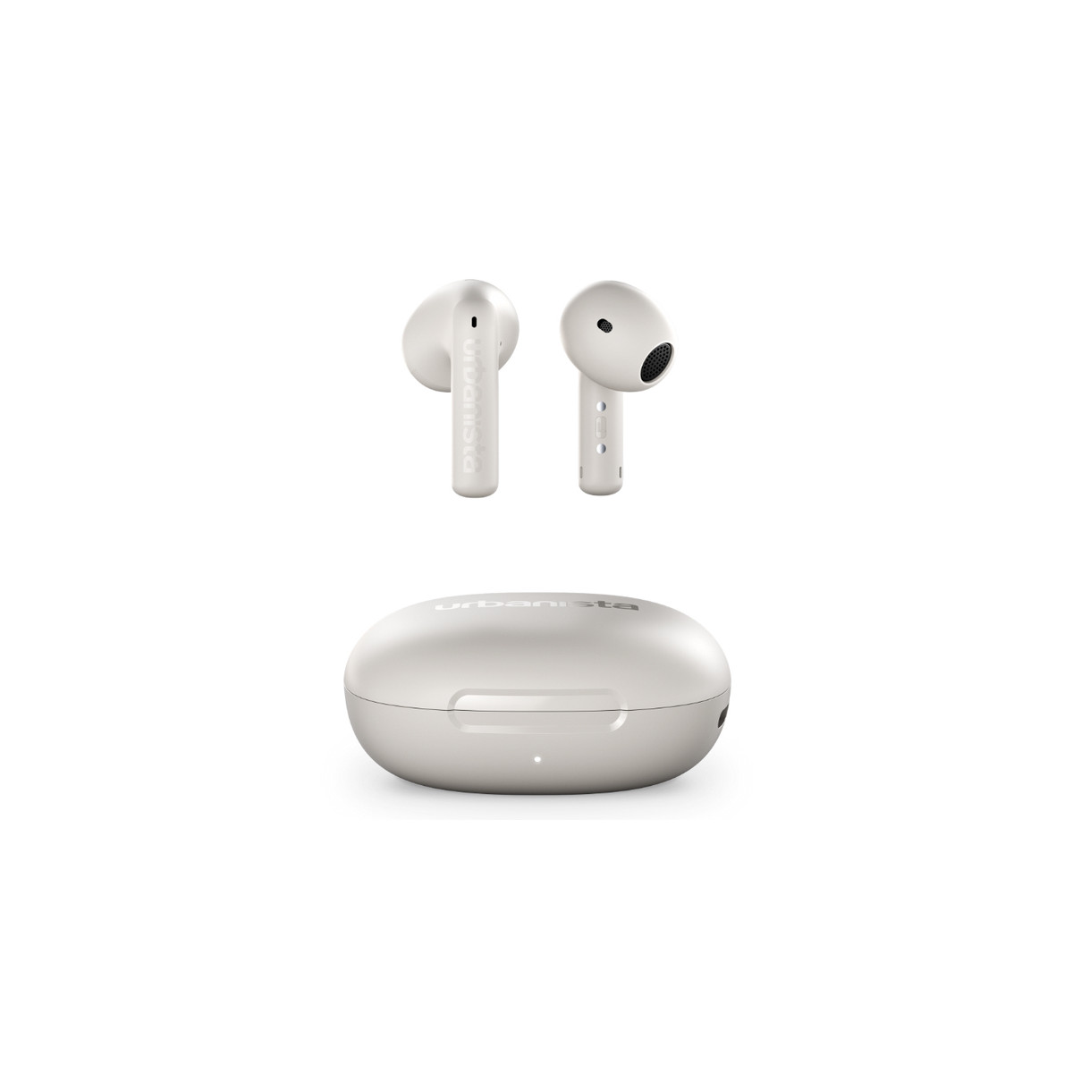 White wireless earbuds with charging case on a white background.