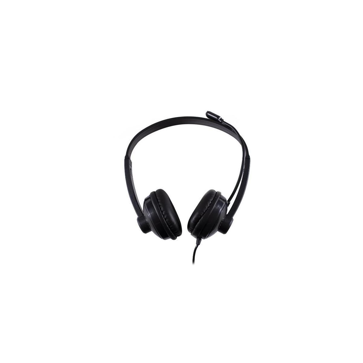 Auriculares negros con micrófono sobre fondo blanco.
