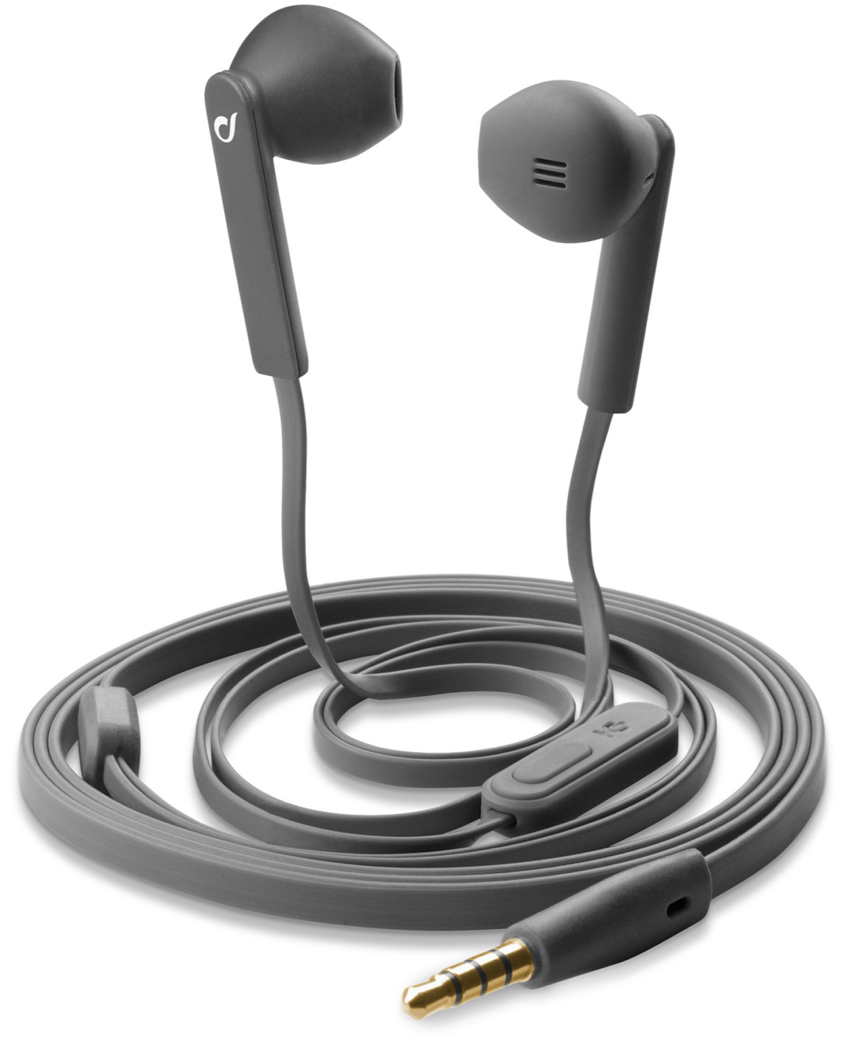 Auriculares grises con cable, cable enrollado y conector de 3,5 mm.