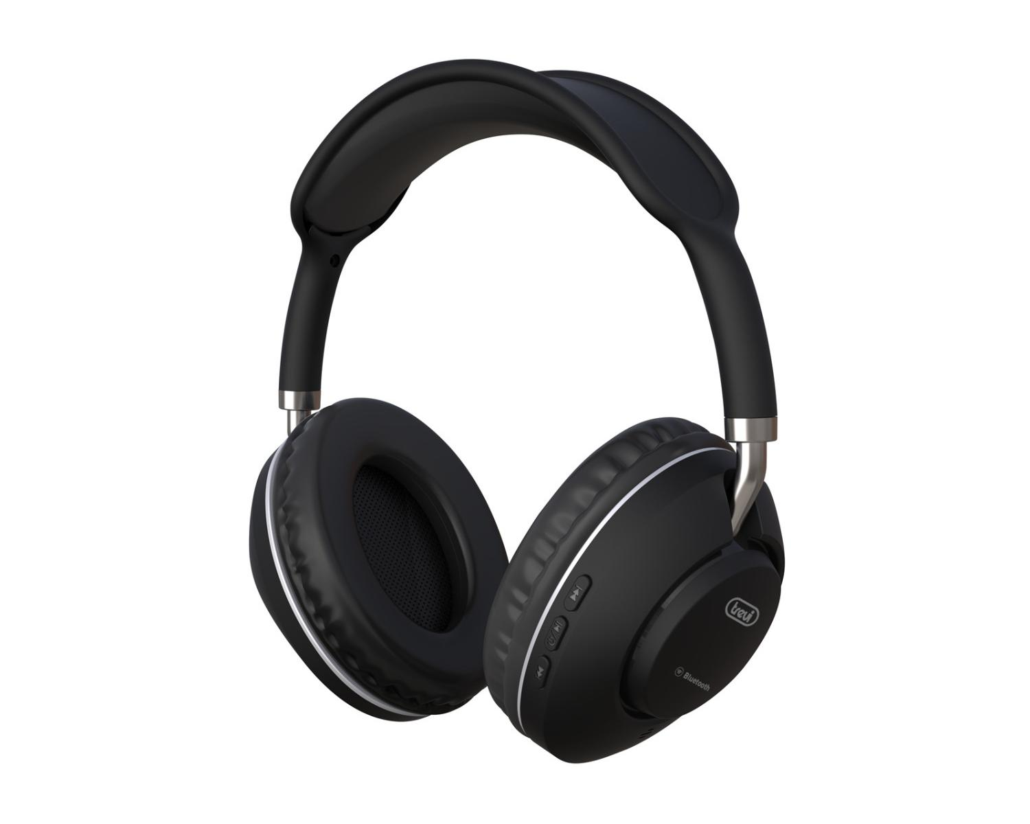 Cuffie nere over-ear con accenti argentati e controlli sull'auricolare.