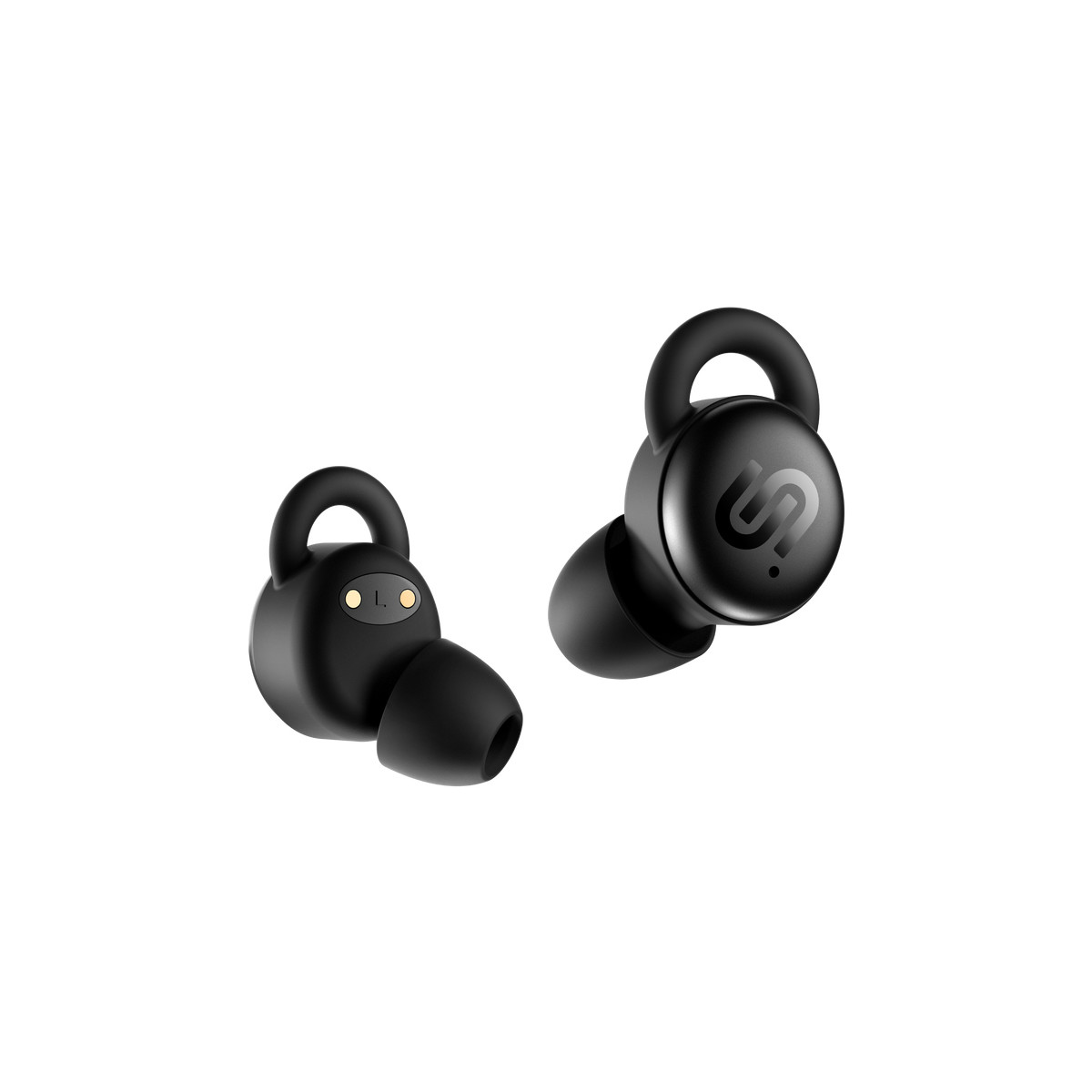 Deux écouteurs sans fil noirs avec crochets d'oreille sur fond blanc.