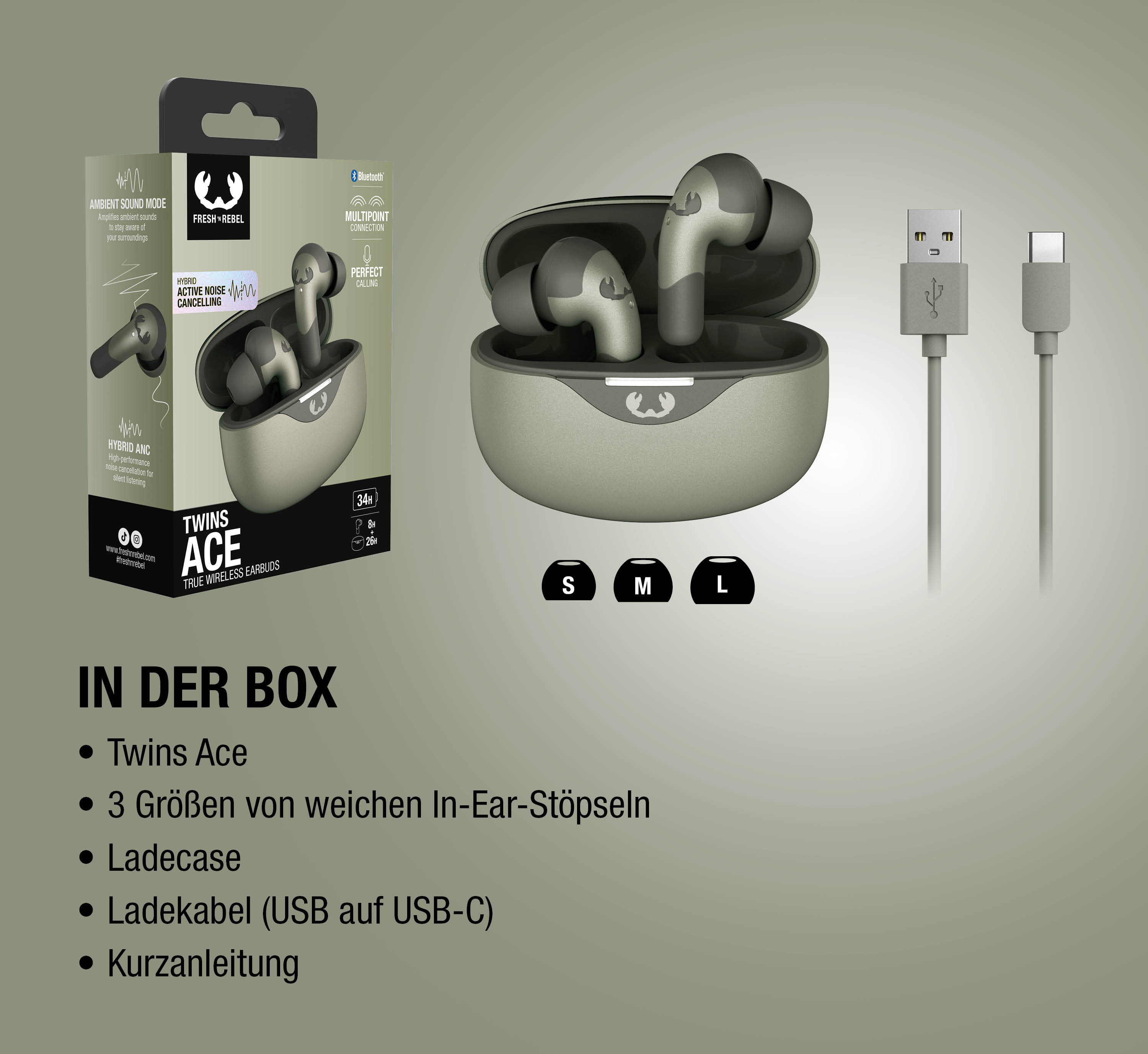 Fresh 'n Rebel Twins Ace Ohrhörer mit Ladecase, Kabeln und Größenangaben.