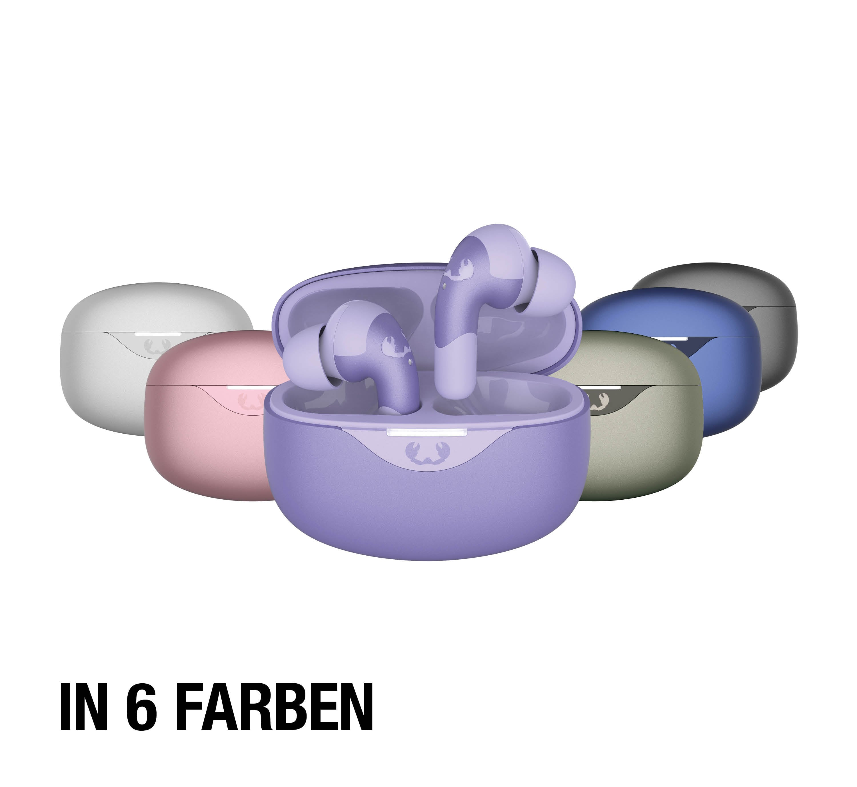 Sechs verschiedene Farben von kabellosen Ohrhörern in Ladeetuis.