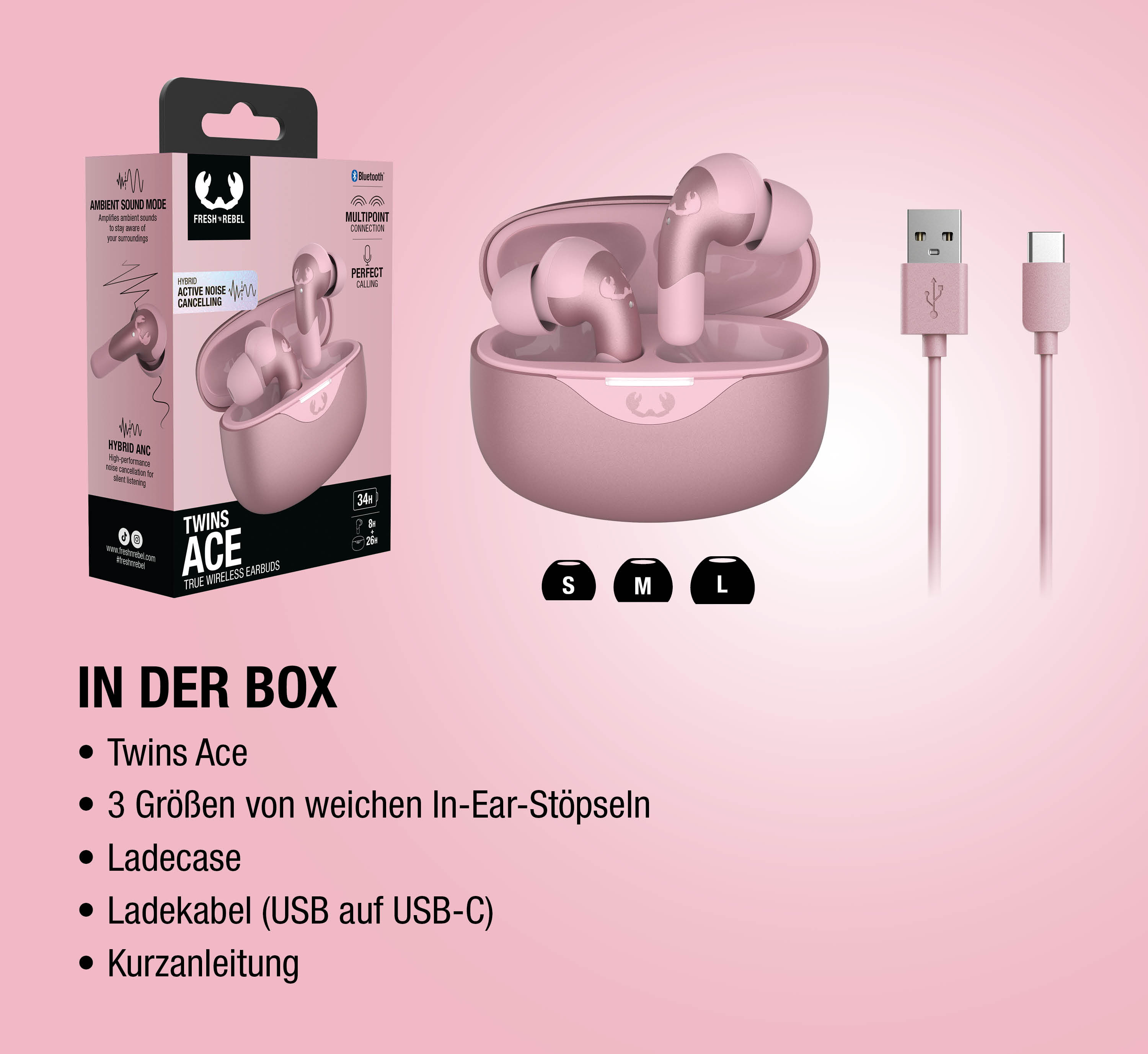 Rosa Fresh 'n Rebel Twins Ace Ohrhörer mit Ladecase und USB-C Kabel.