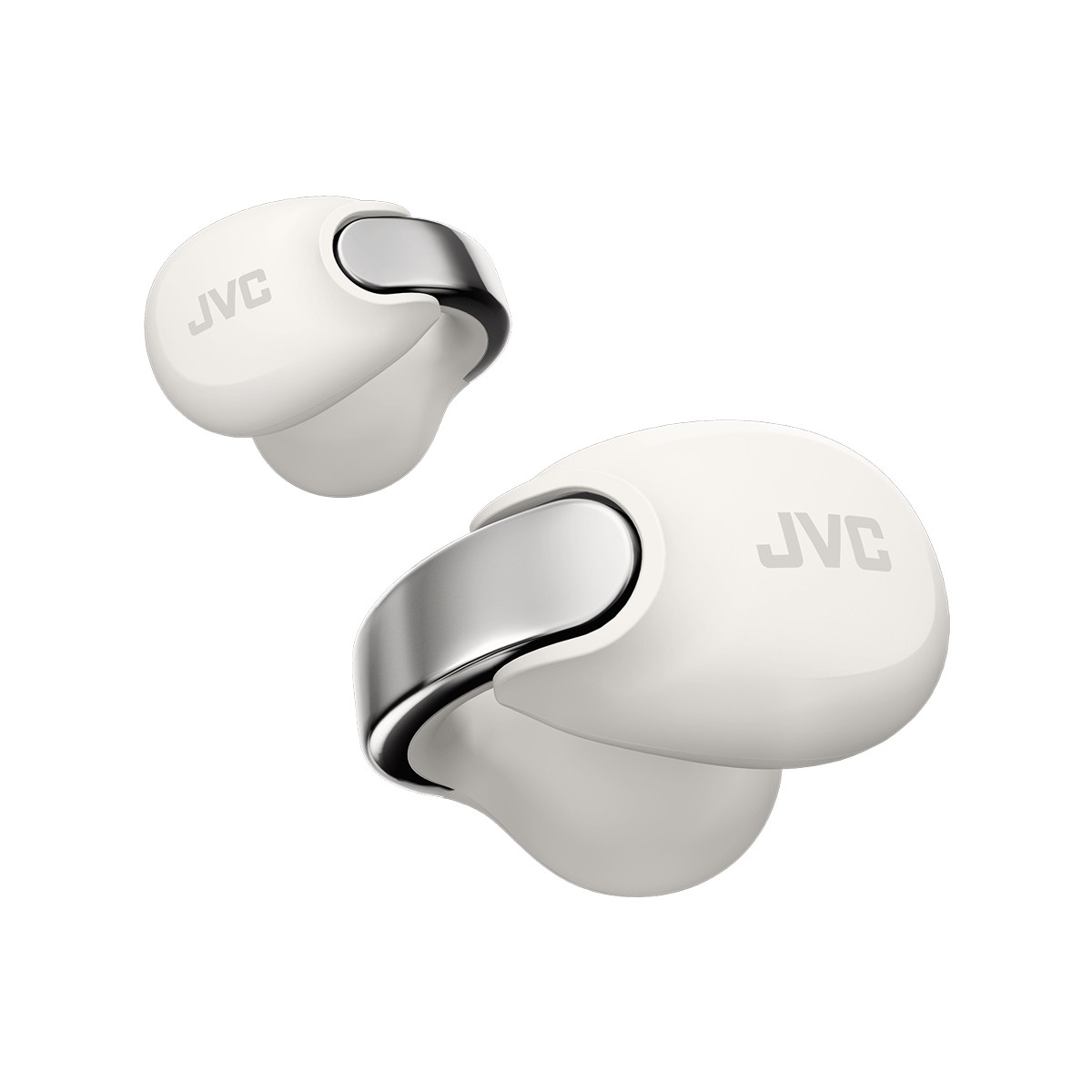 Deux écouteurs JVC blancs avec des accents argentés sur fond blanc.