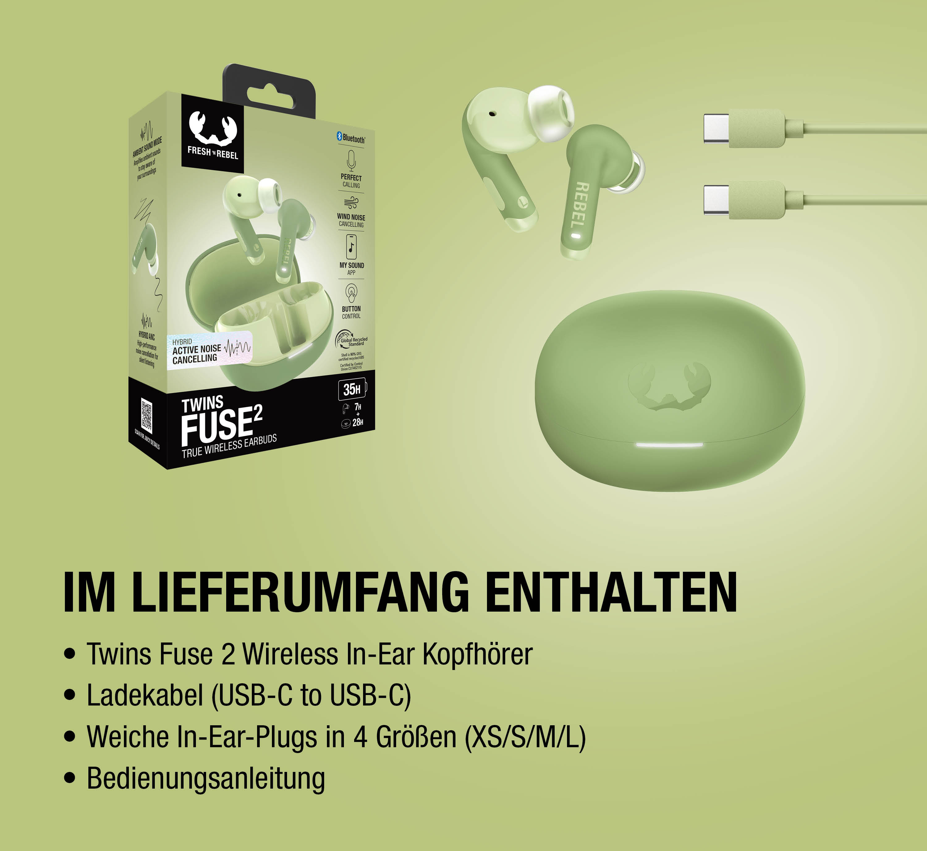 Grüne Fresh 'n Rebel Twins Fuse 2 Ohrhörer, Ladecase und USB-C Kabel auf hellgrünem Hintergrund.