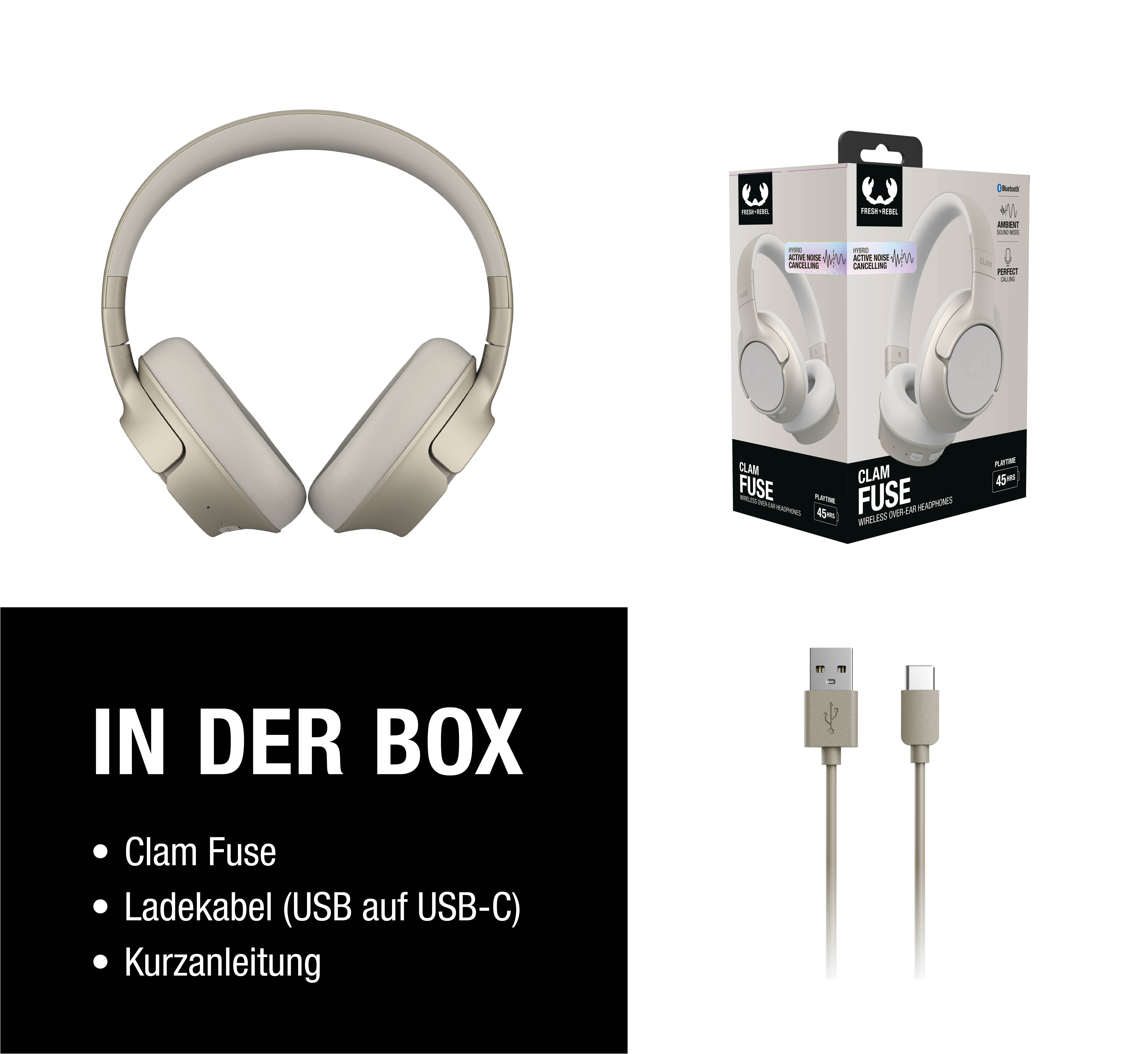Goldene Kopfhörer, Verpackung und Ladekabel auf weißem Hintergrund.