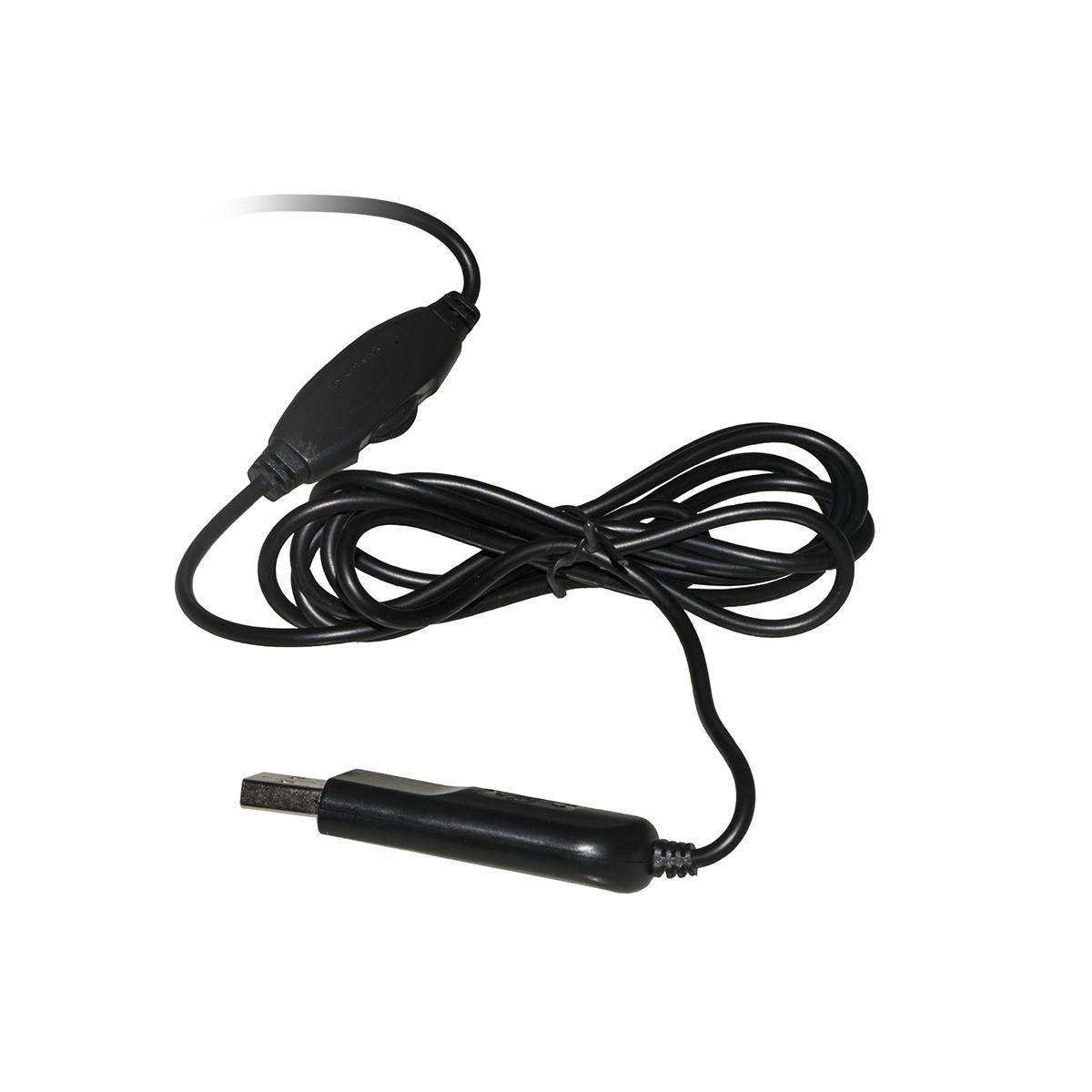 Ein schwarzes Kabel mit einem Stecker und einem Schalter, auf weißem Hintergrund.