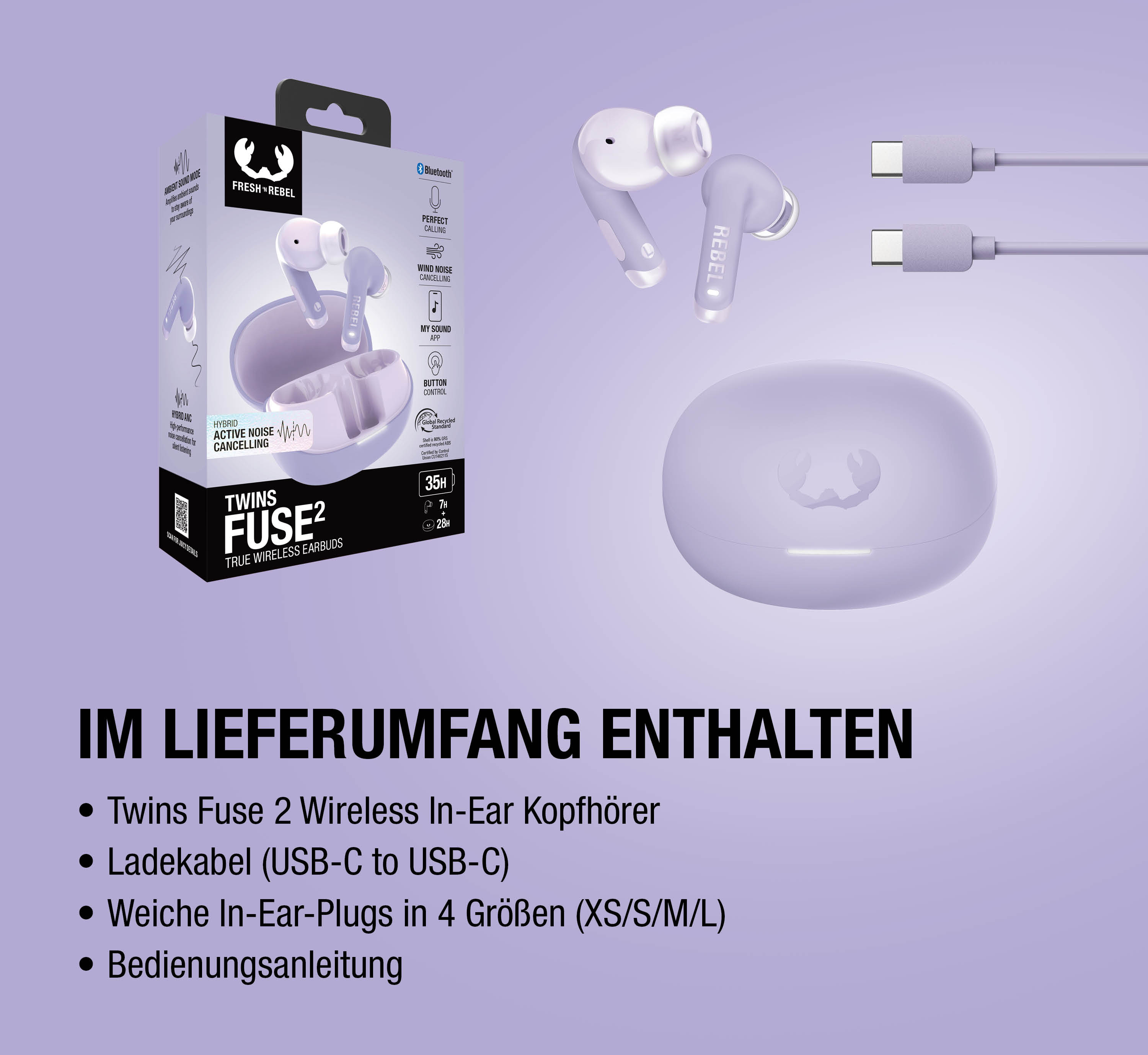 Lila Fresh 'n Rebel Twins Fuse 2 Ohrhörer mit Ladecase und Kabeln.
