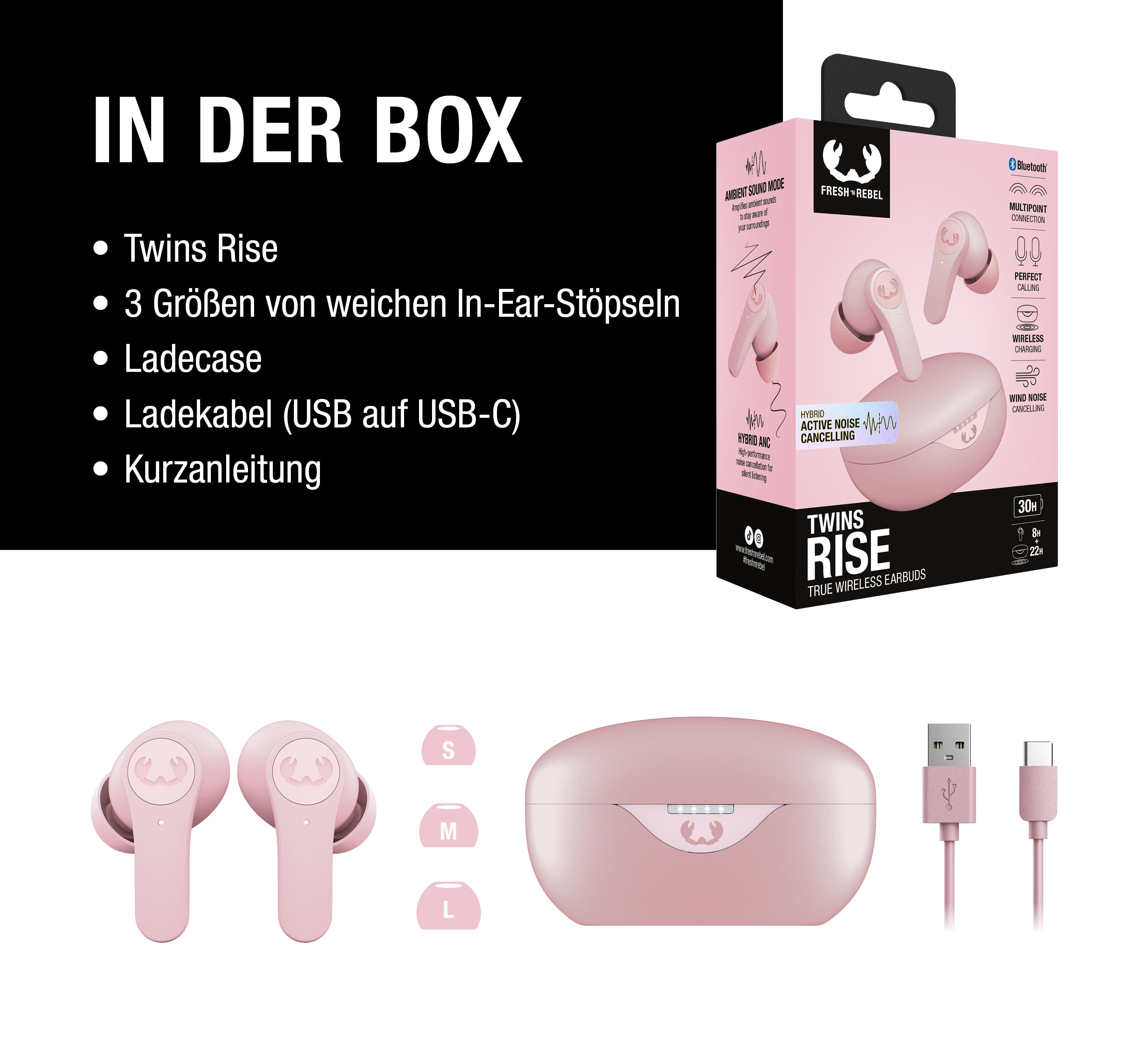 Rosa Fresh 'n Rebel Twins Rise Ohrhörer mit Ladecase, Kabel und Größenangaben.