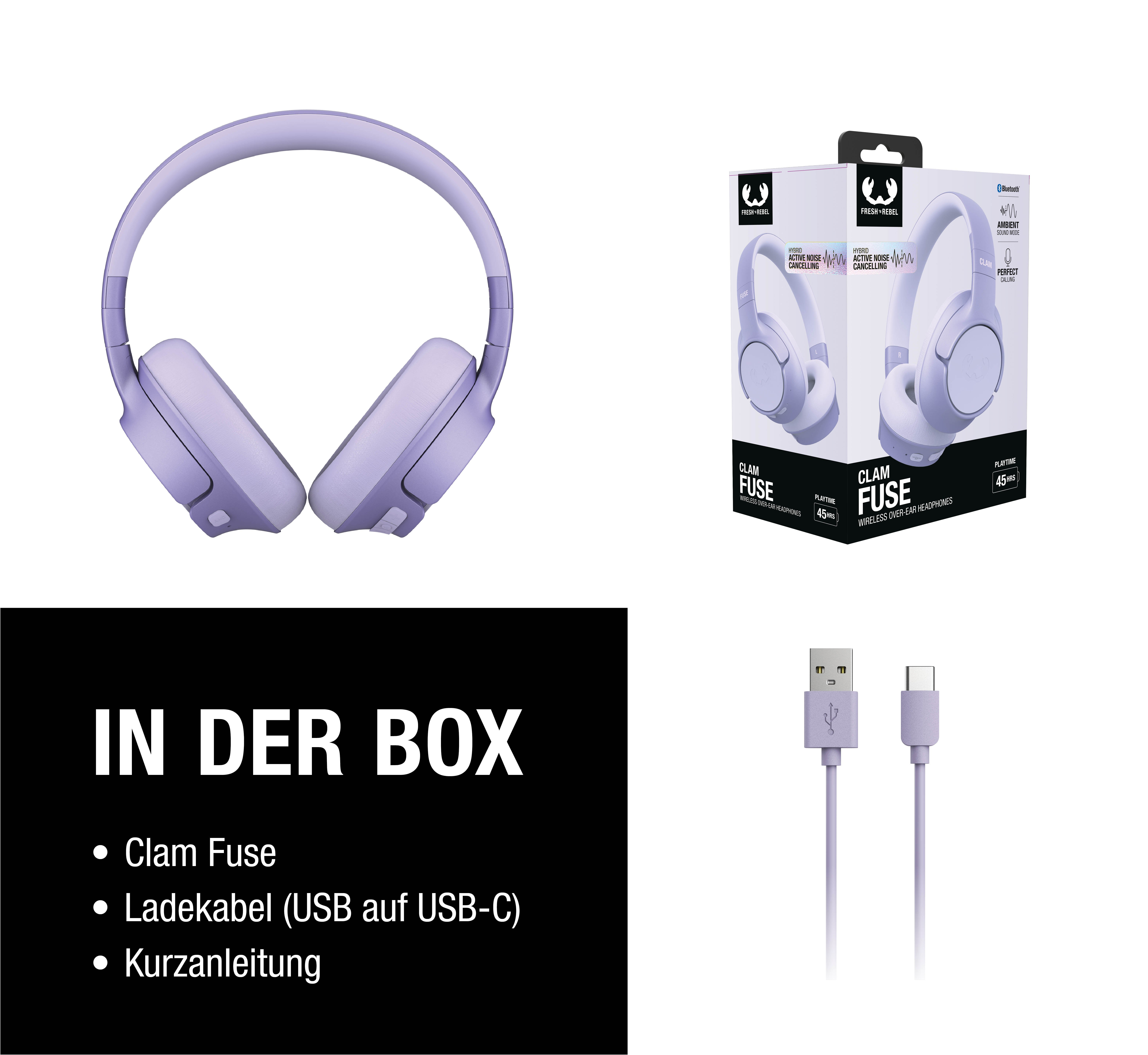 Lila Kopfhörer mit Verpackung und Ladekabel.