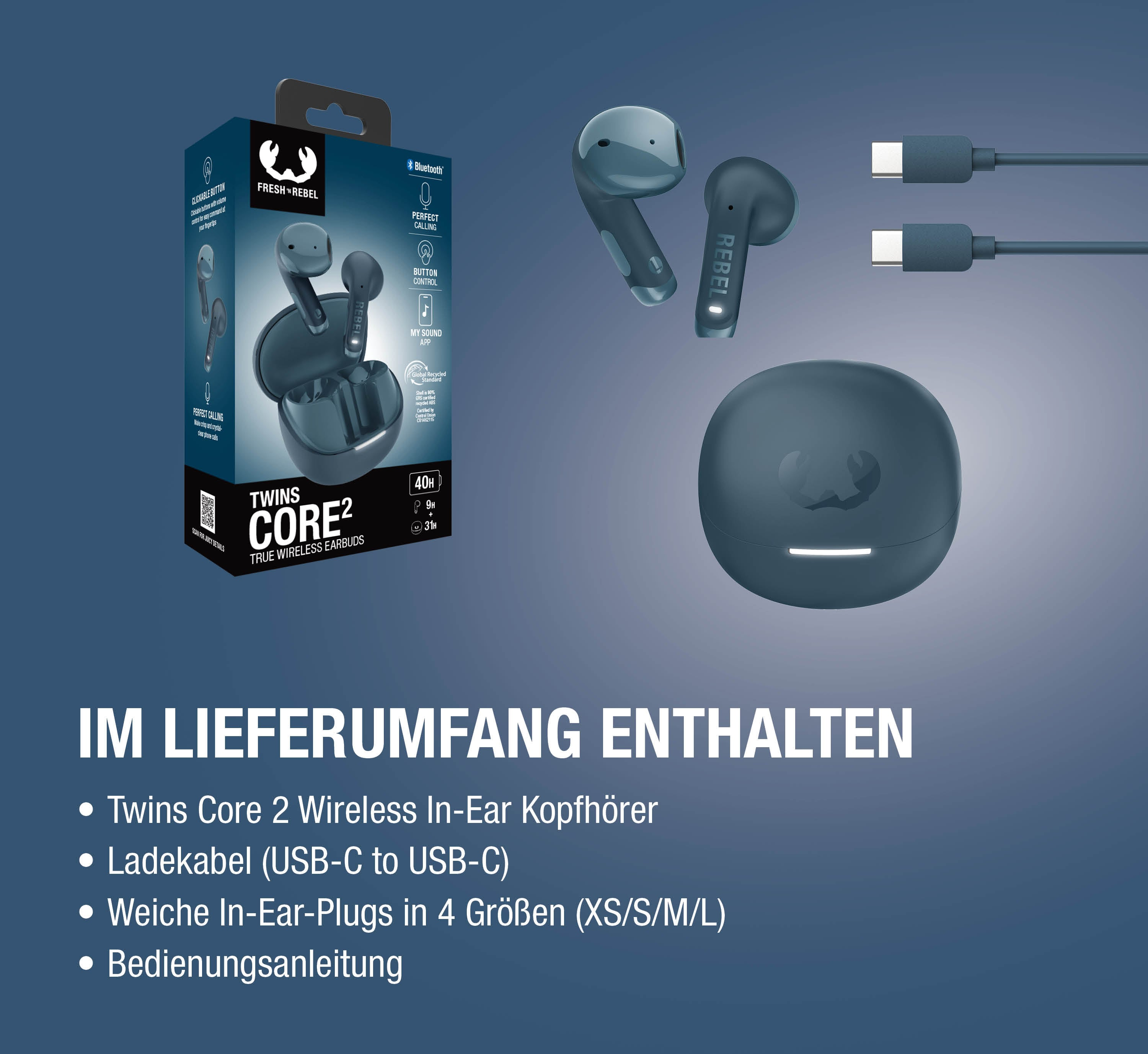 Blauer Karton mit Kopfhörern, Ladekabel und Produktinformationen.