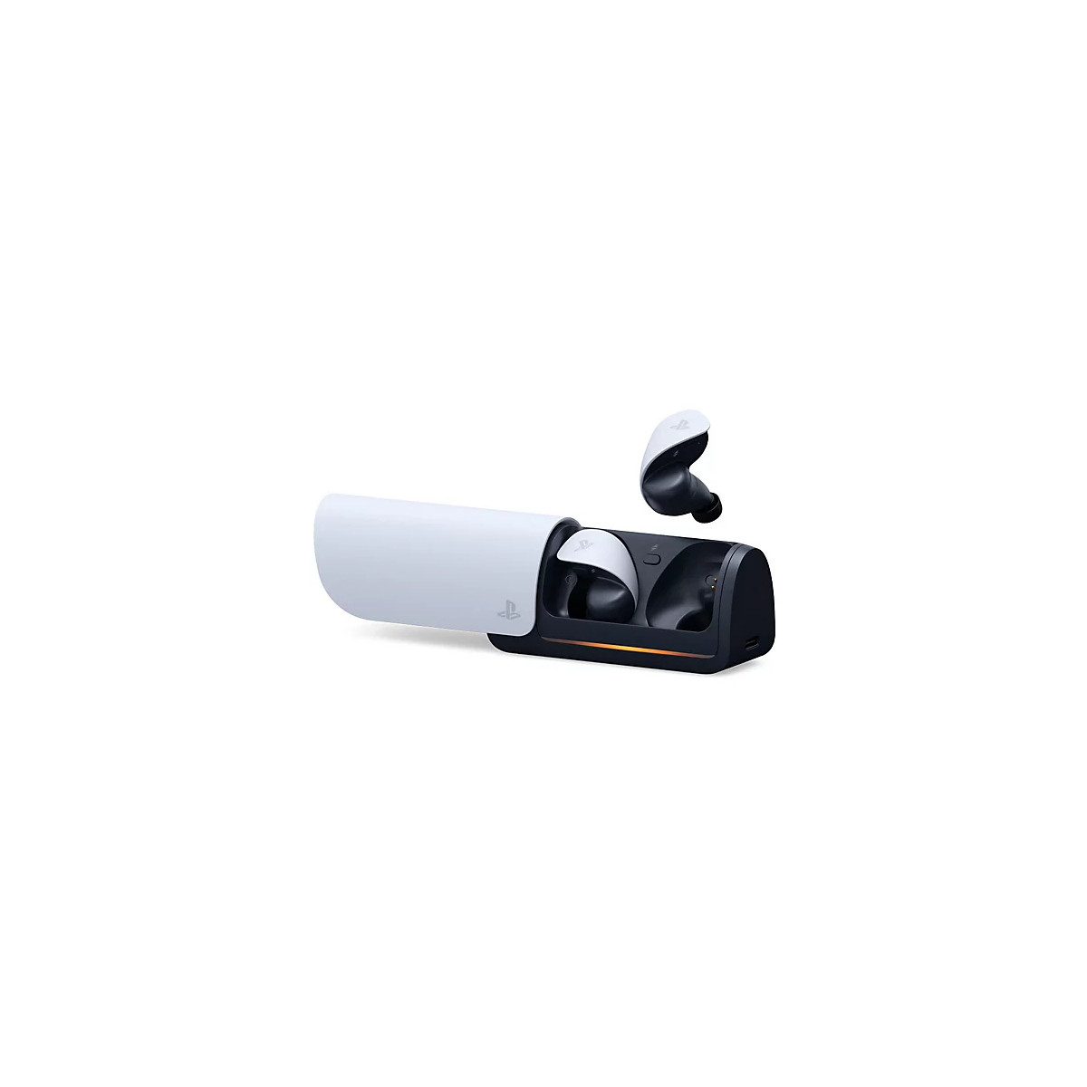 Weiße und schwarze PlayStation Kopfhörer in Ladecase mit PlayStation Logo.