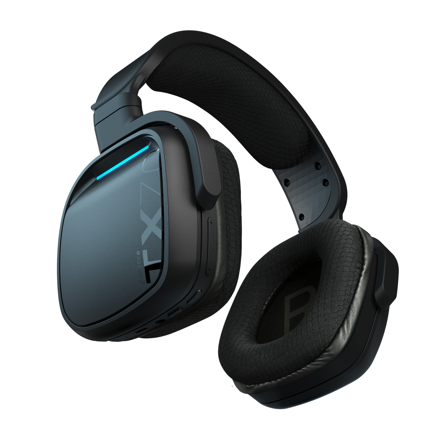 Auriculares negros para juegos con luz LED azul y logo "TX70".