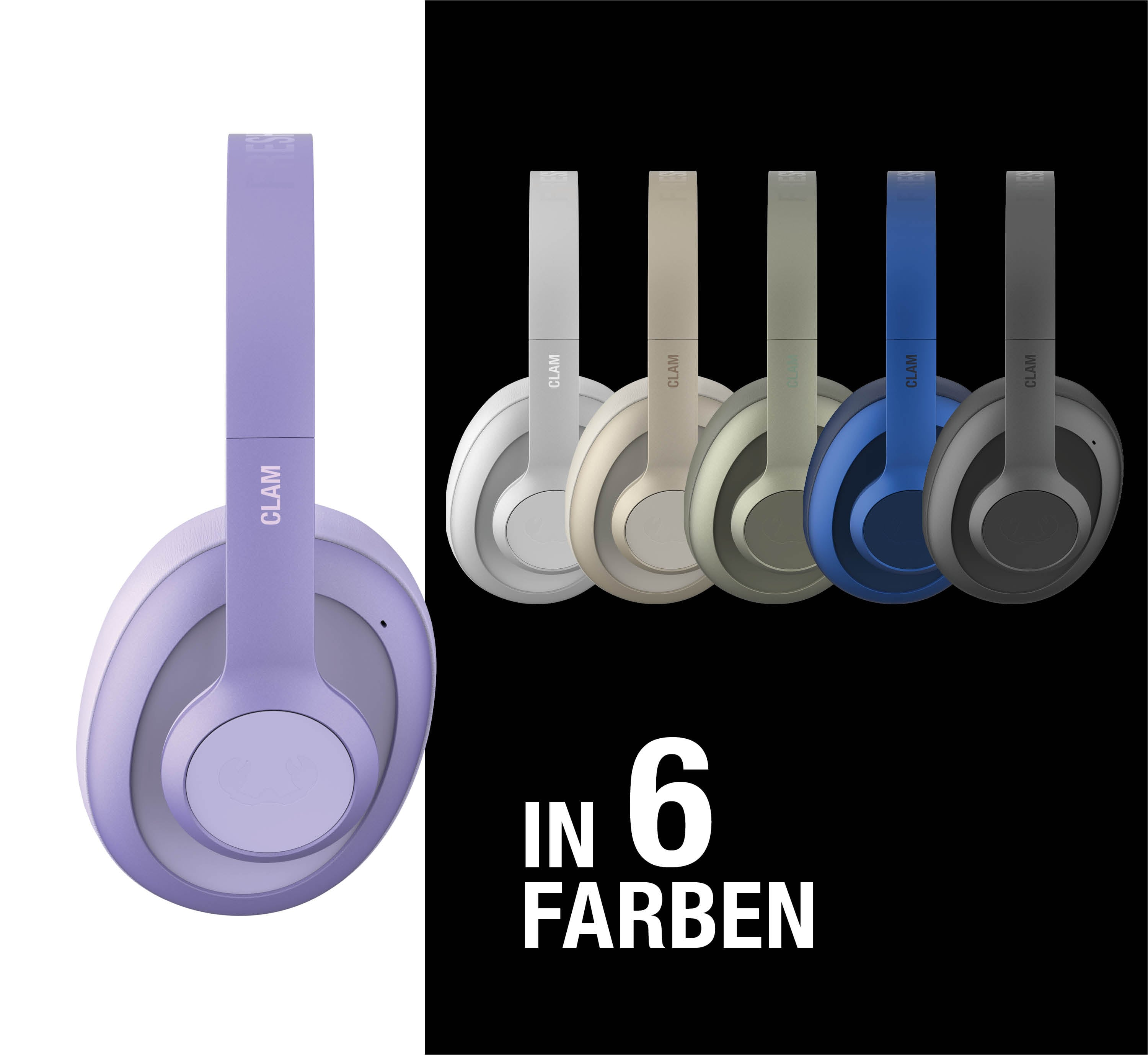 Ein lilafarbener Kopfhörer links, daneben 5 Kopfhörer in Grau, Beige, Grün, Blau und Schwarz.