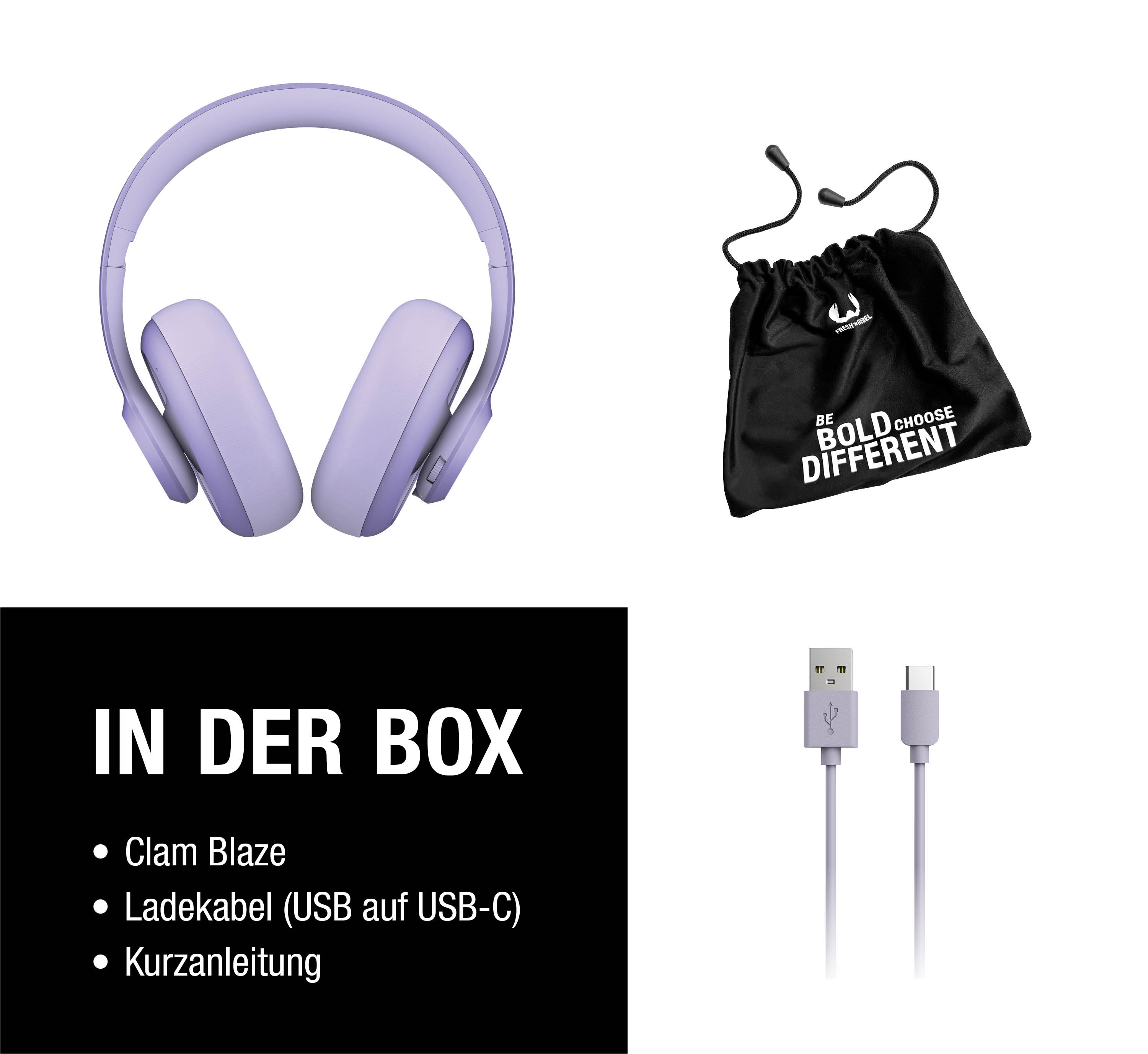 Lila Kopfhörer, schwarze Tasche mit Aufdruck, USB-C Kabel und "IN DER BOX" Liste.