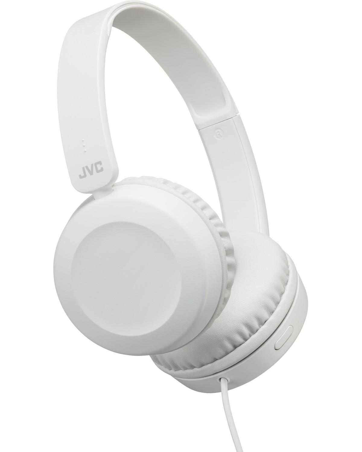 White JVC headphones with a padded headband and earcup, on a white background.