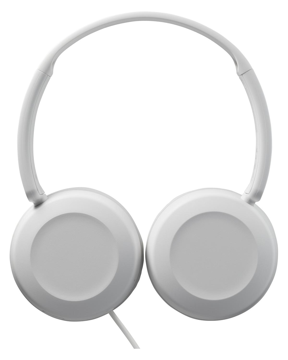 White headphones with a padded headband and round earcups.