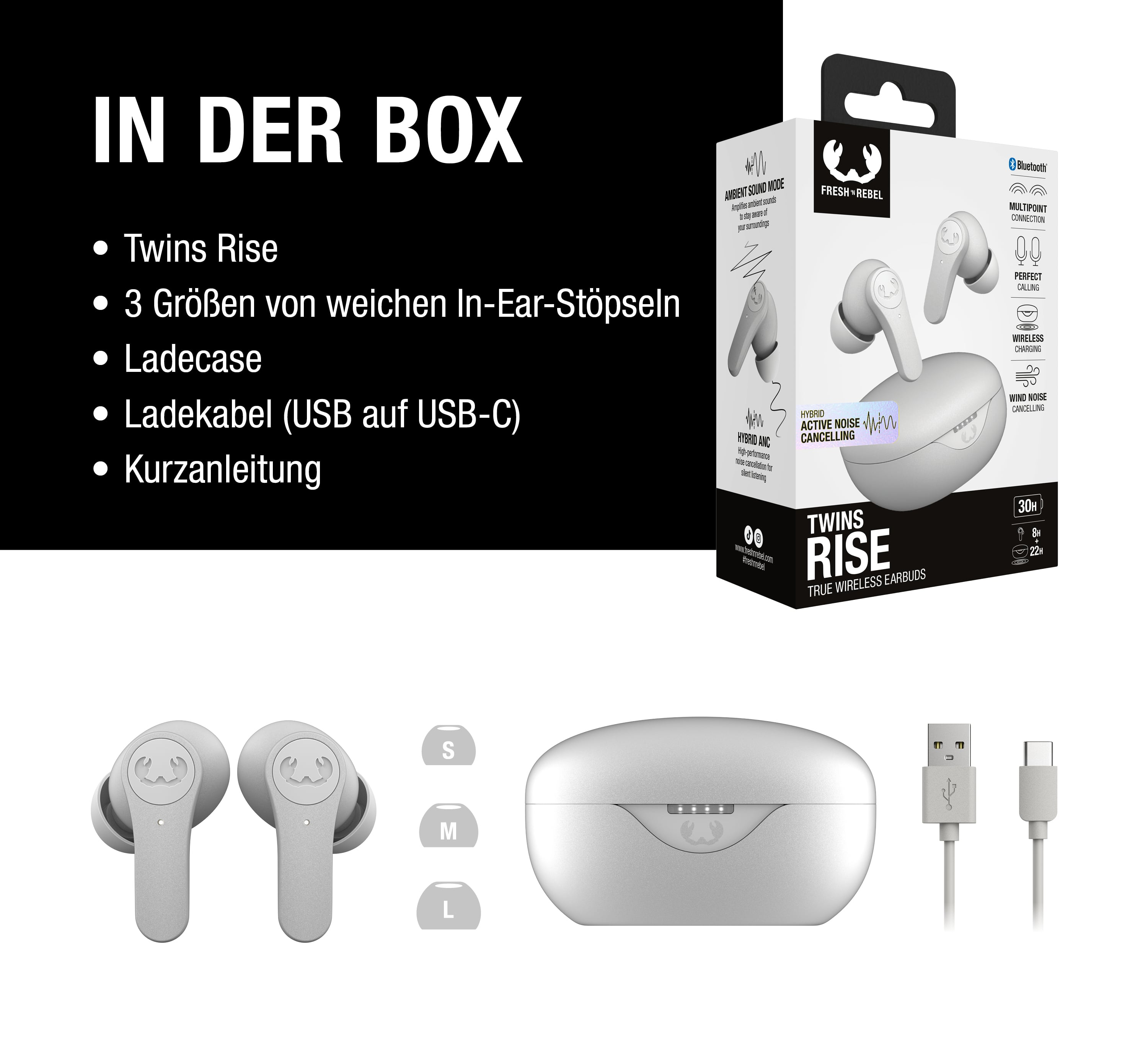 Inhalt der Box: weiße Earbuds, Ladecase, Kabel, Anleitung, und Ohrstöpsel in S, M, L.