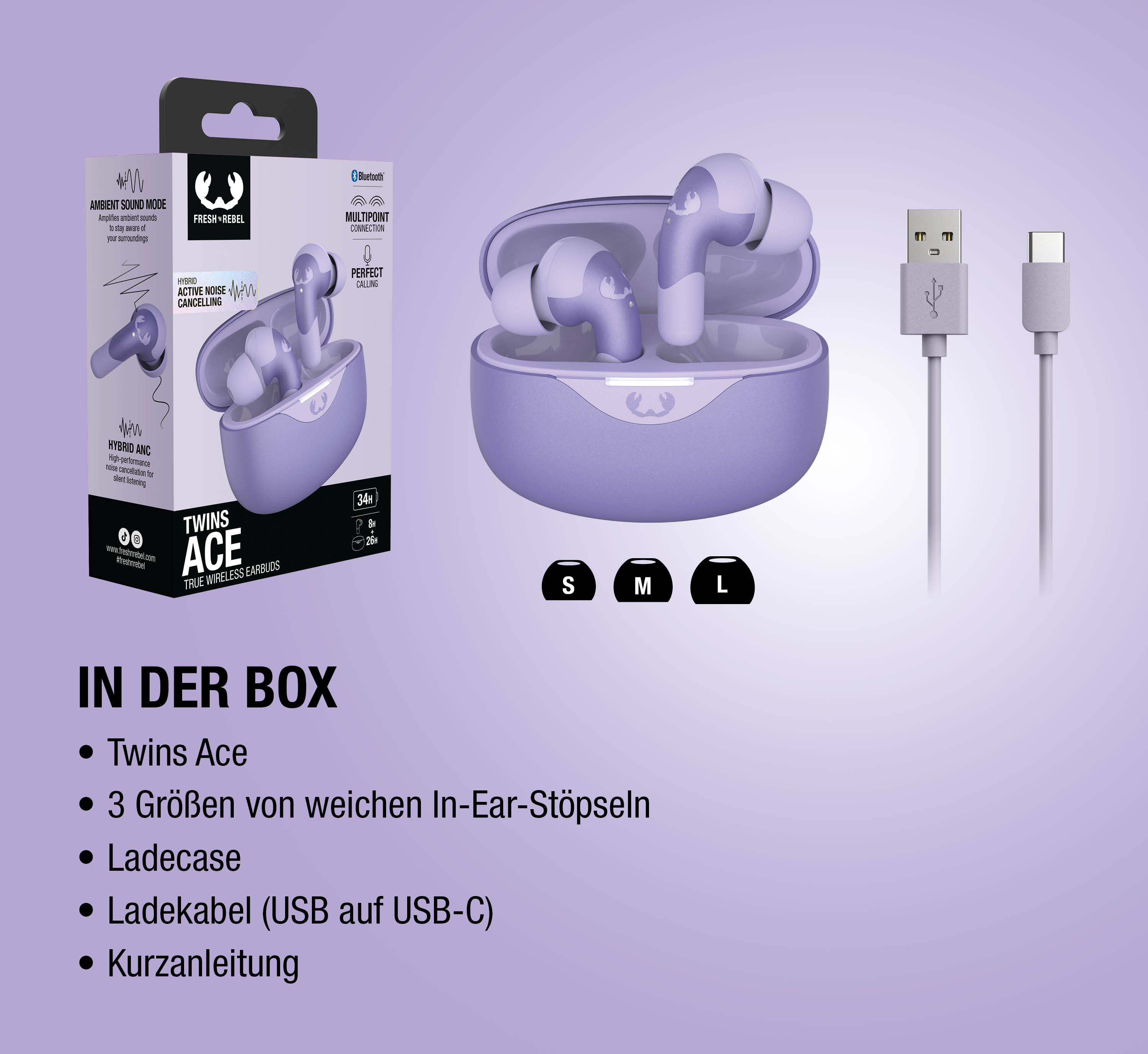 Lila Fresh 'n Rebel Twins Ace Ohrhörer mit Ladecase und Kabeln.