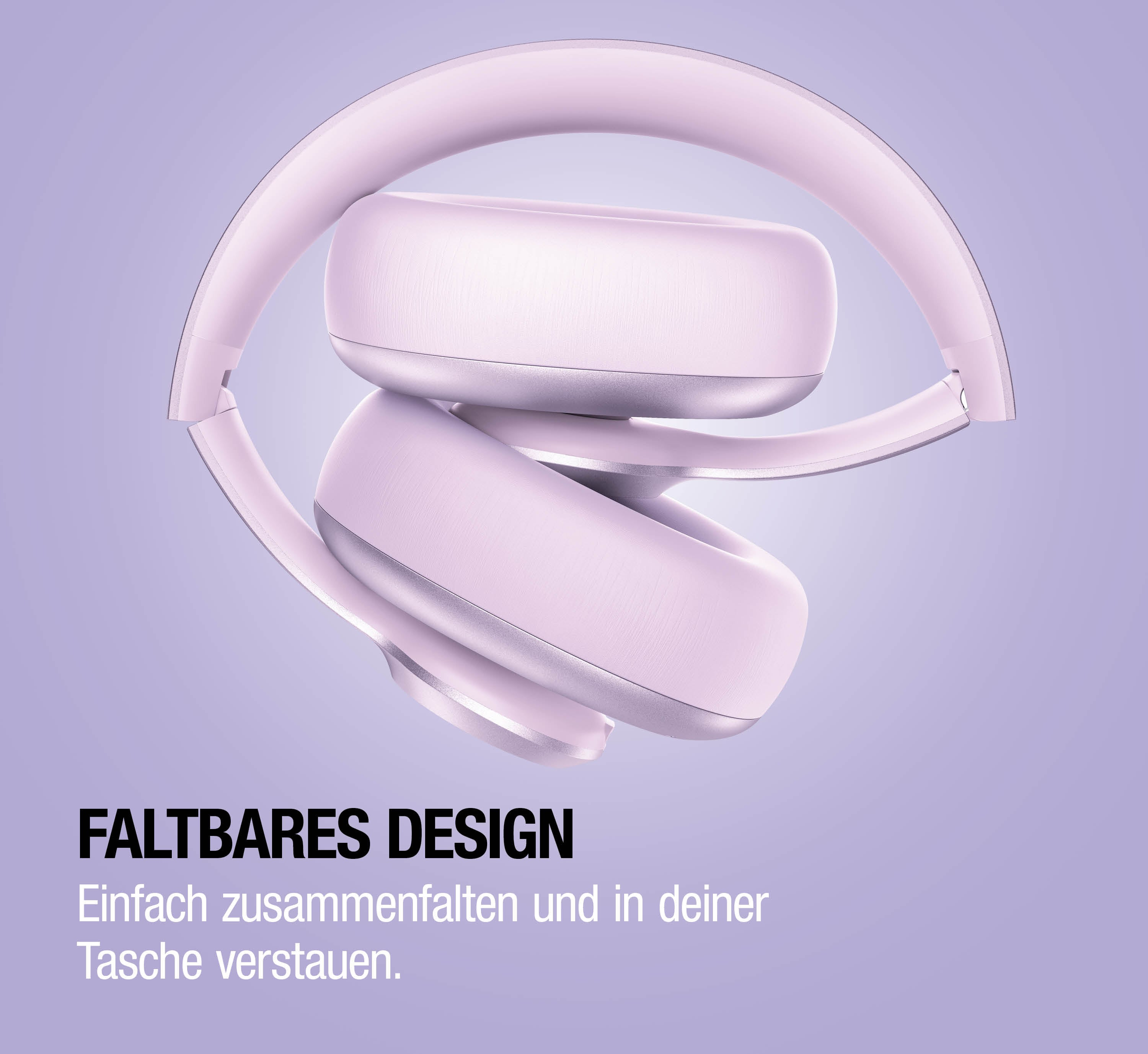 Ein faltbares Headset in Pastellfarben, auf einem lila Hintergrund.