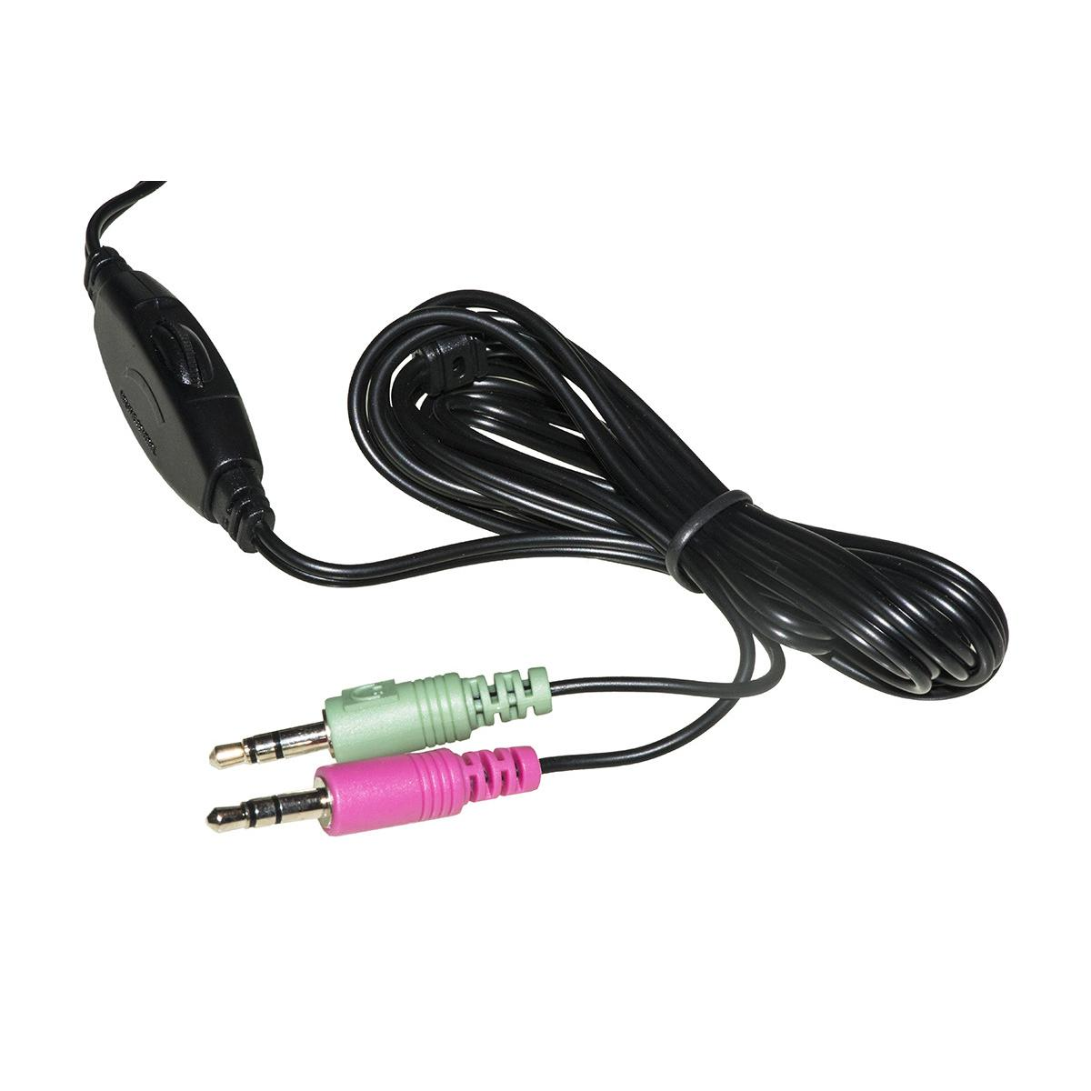 Un cavo nero con controllo del volume e due connettori da 3,5 mm: verde e rosa.