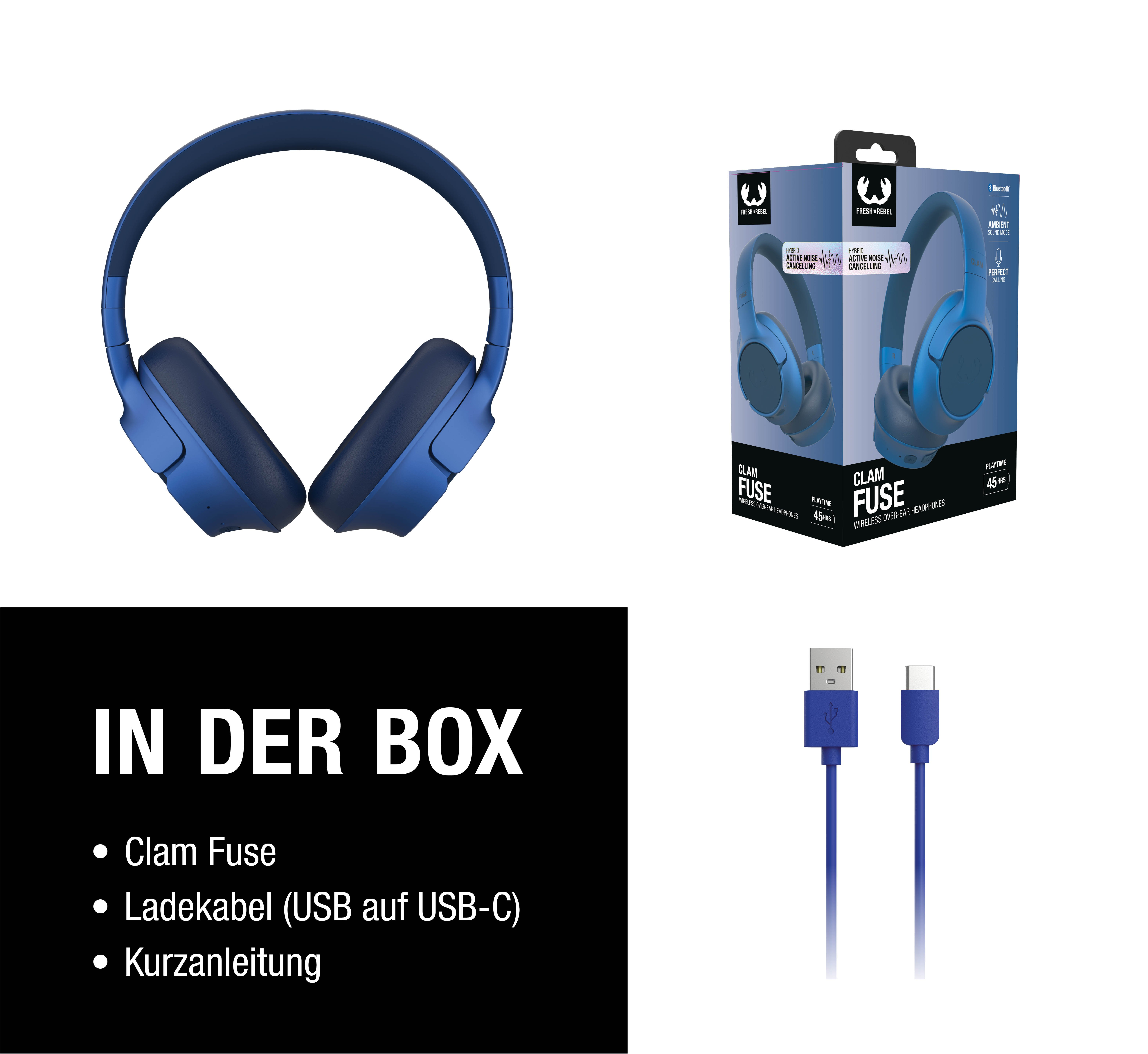 Blaue Kopfhörer, Verpackung und Ladekabel auf weißem Hintergrund.