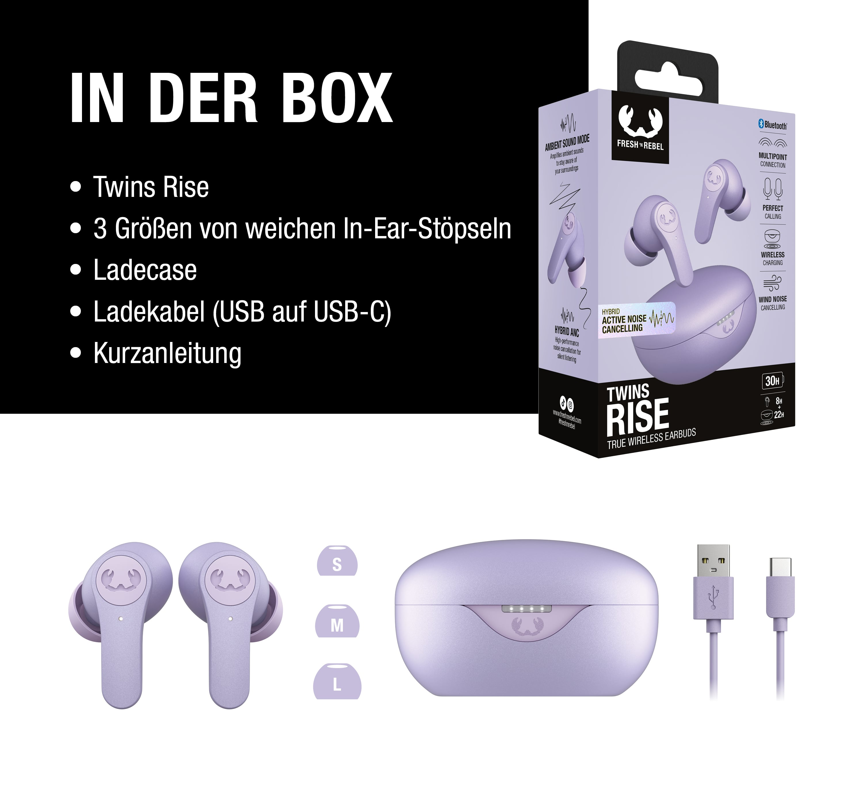 Lila Kopfhörer mit Ladecase, Kabel und Aufsätzen, alles in der Originalverpackung.