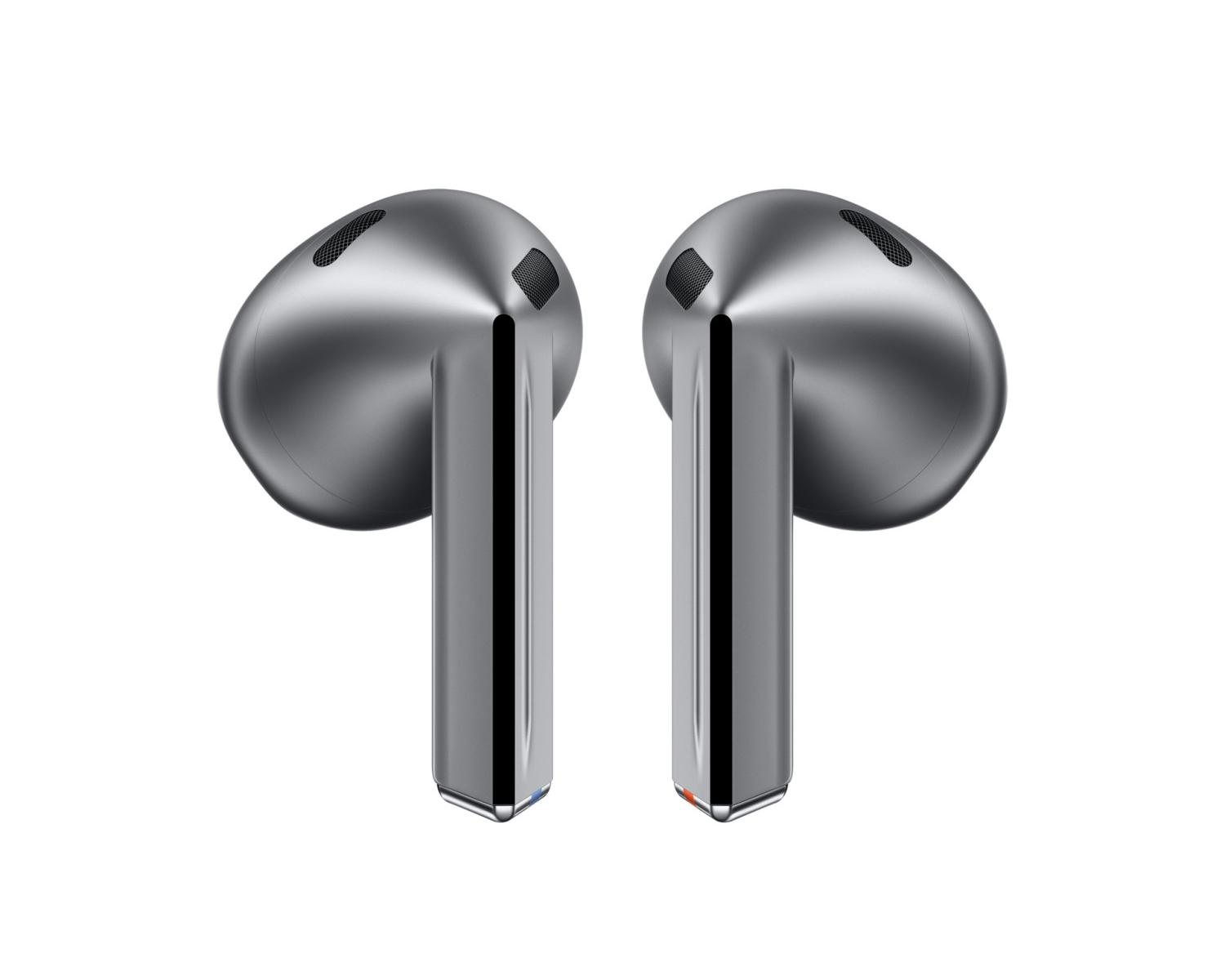 Due auricolari wireless grigio metallico con dettagli in rete nera, su sfondo bianco.