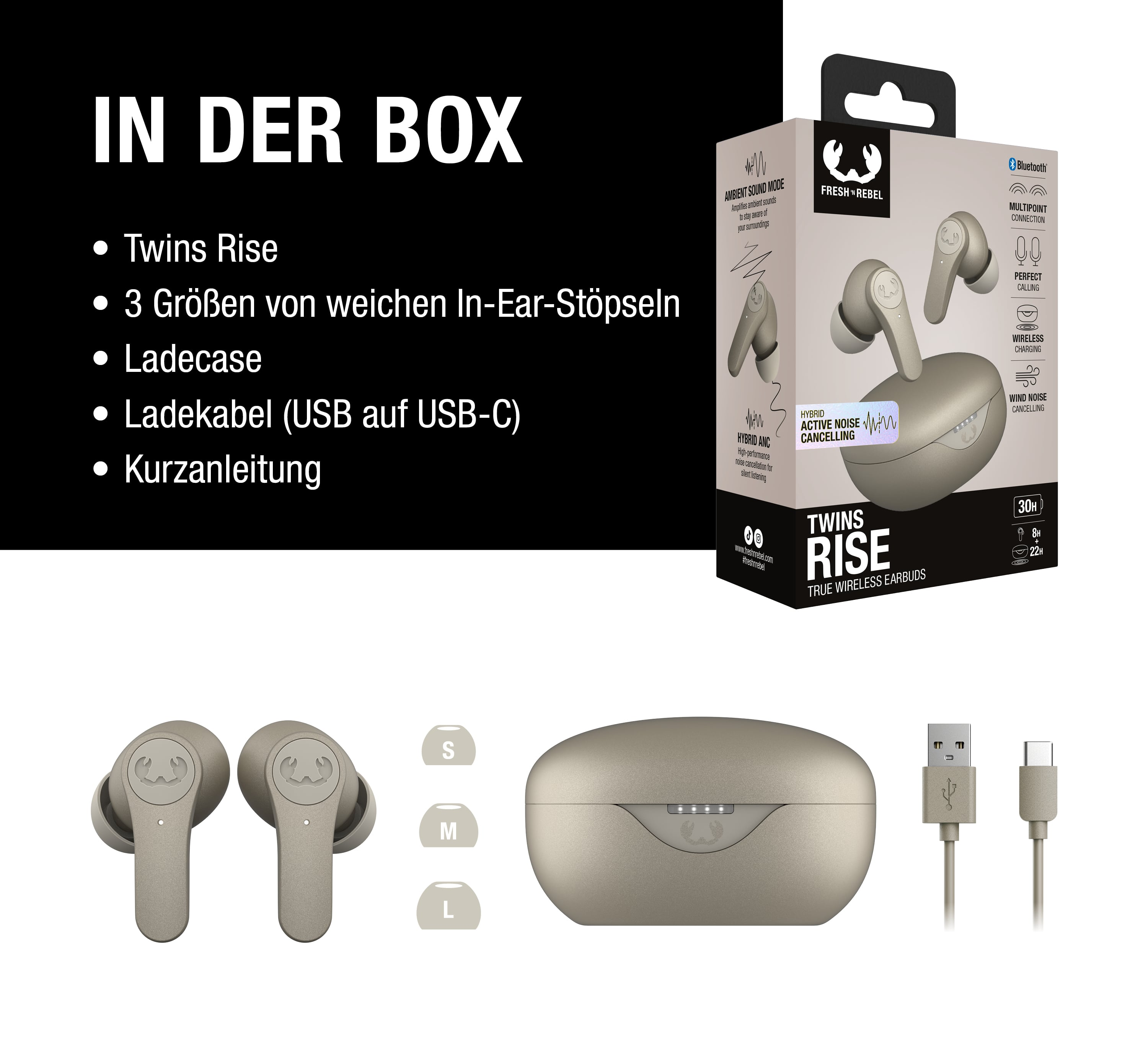 Goldene Fresh 'n Rebel Twins Rise Ohrhörer, Ladecase, Kabel und Größenangaben.