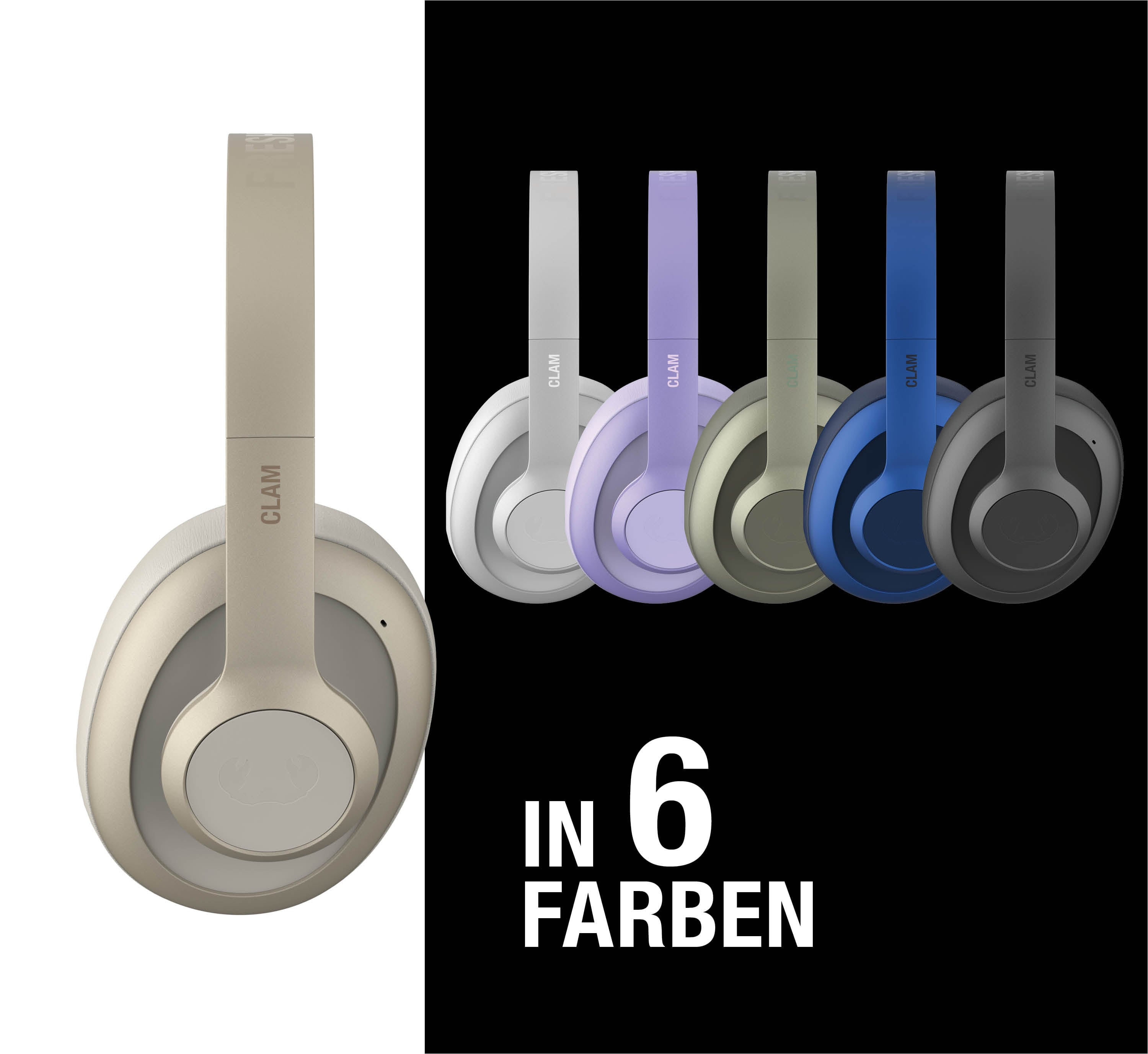 Ein beiger Kopfhörer links, daneben fünf weitere in Grau, Lila, Grün, Blau und Schwarz.
