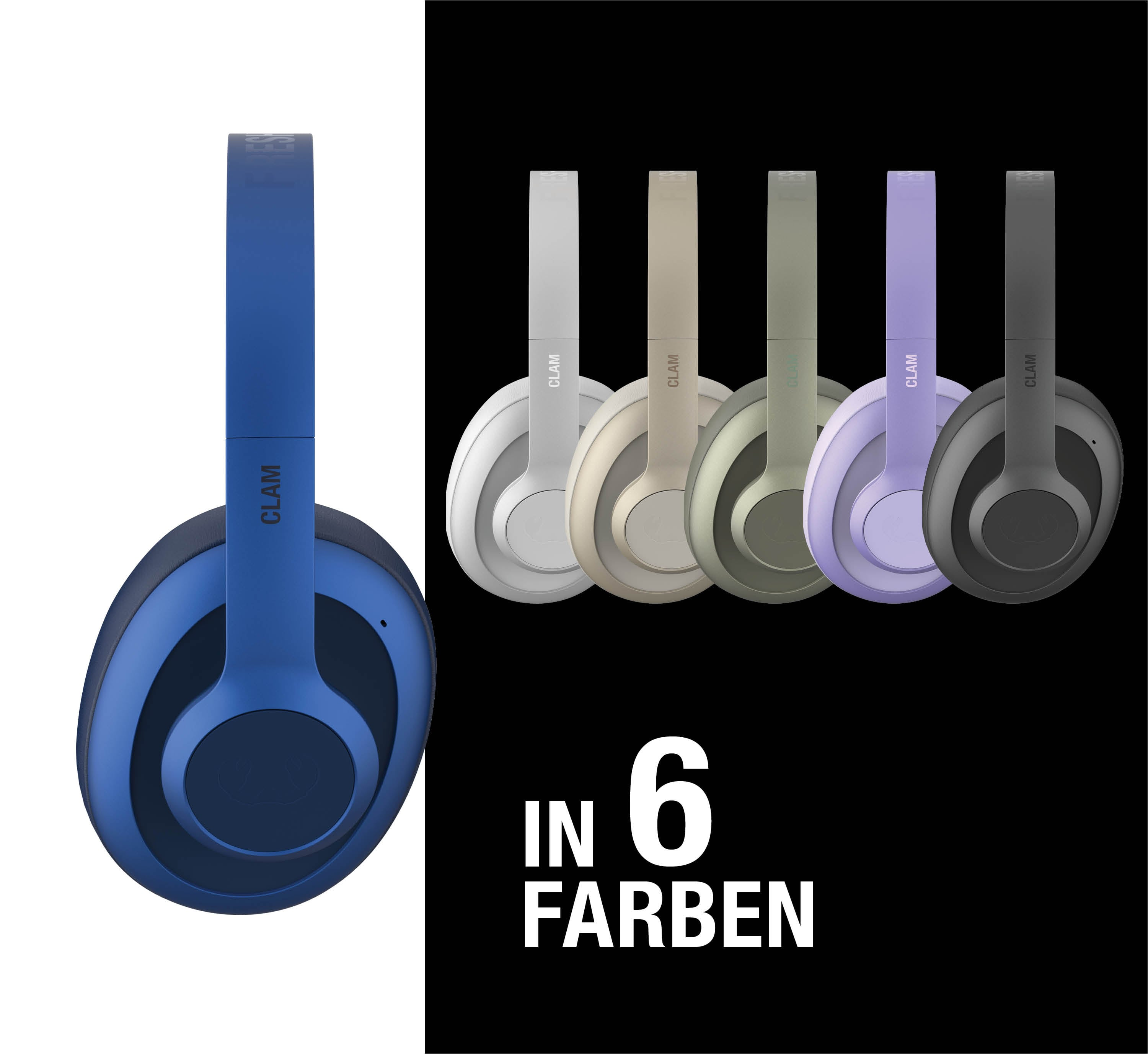 Ein blauer Kopfhörer links, fünf weitere in Grau, Beige, Grün, Lila, Schwarz rechts.