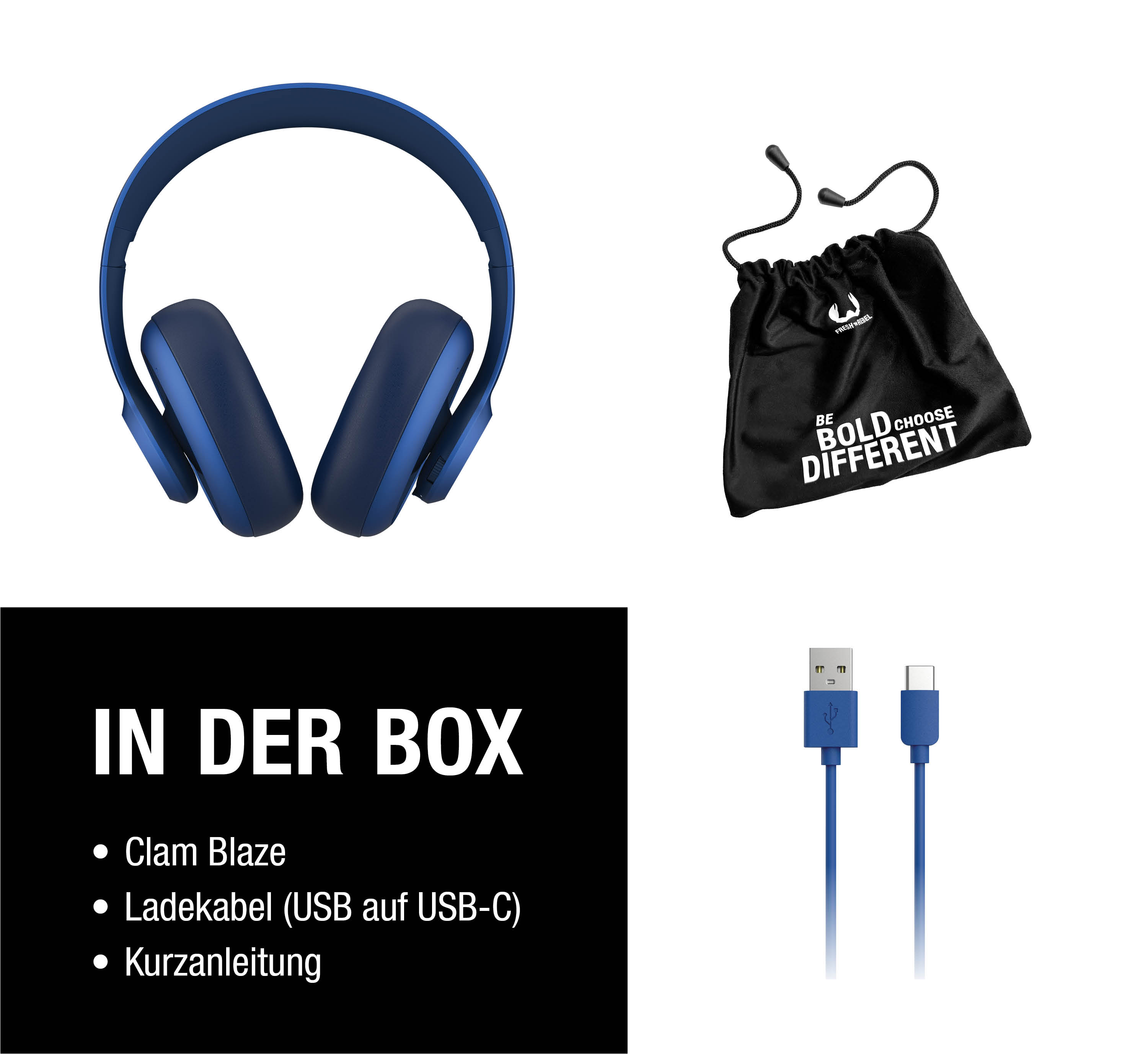 Blaue Kopfhörer, schwarzer Beutel mit Aufschrift, USB-Kabel und Text.