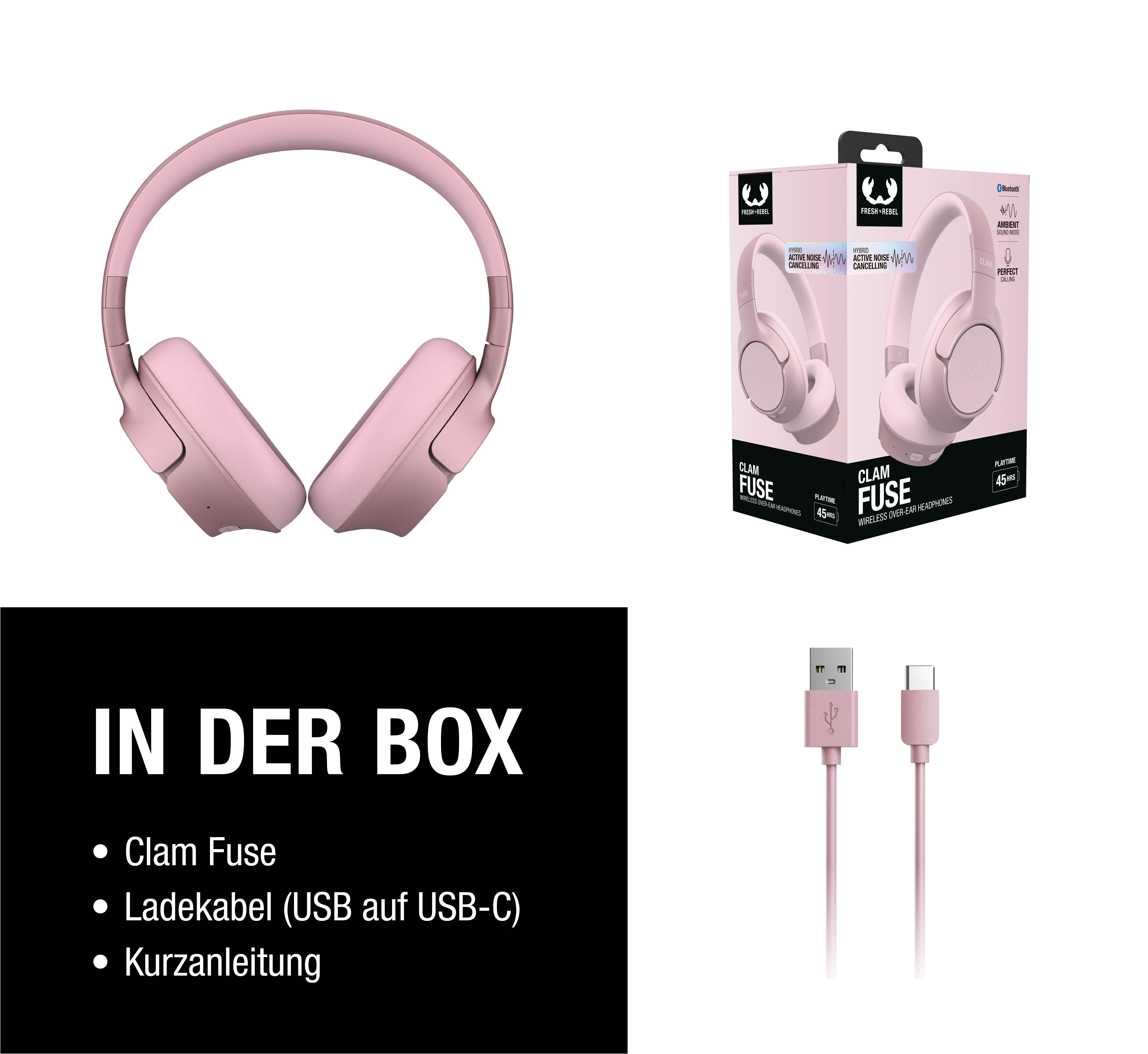 Ein rosafarbener Kopfhörer und seine Verpackung, daneben ein rosafarbenes Ladekabel.