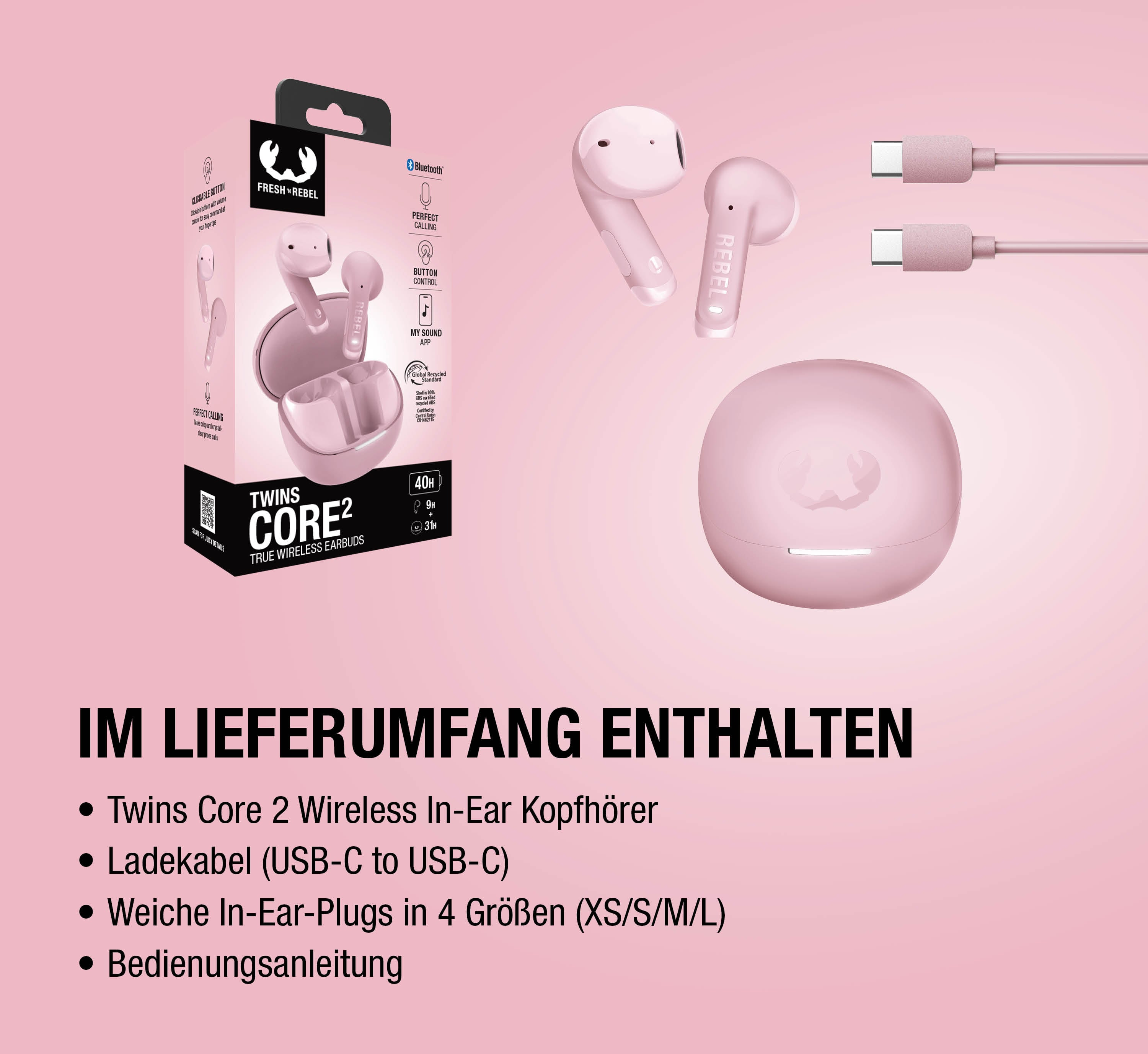 Rosa Fresh 'n Rebel Twins Core 2 True Wireless Ohrhörer mit Ladecase, Kabel und Verpackung.
