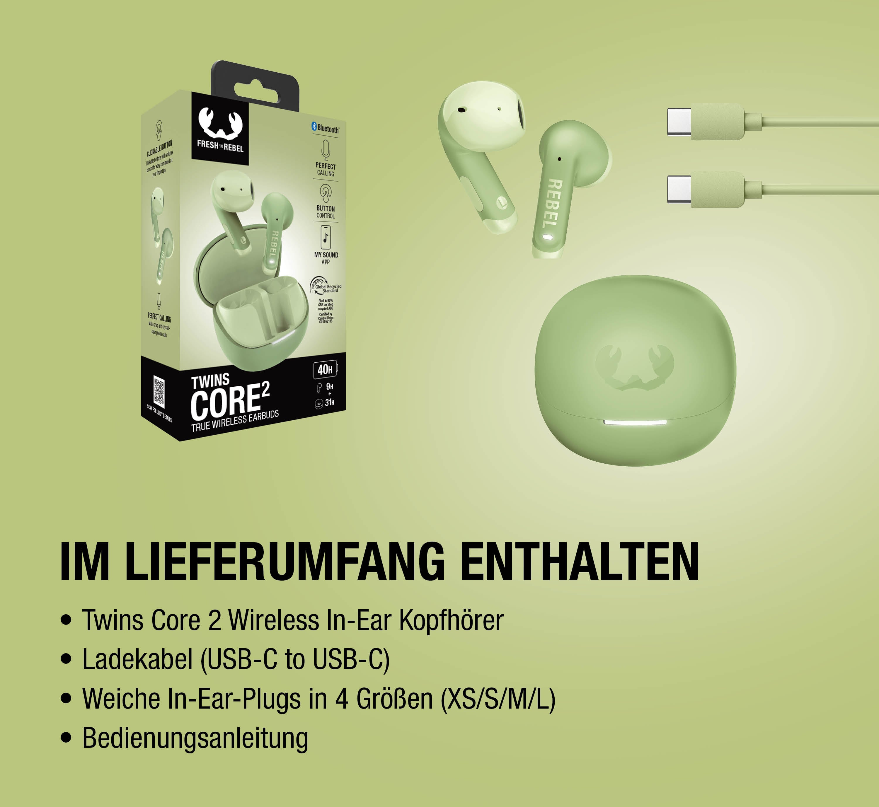Grüne Fresh 'n Rebel Twins Core 2 Earbuds mit Ladecase und Kabeln auf hellgrünem Hintergrund.