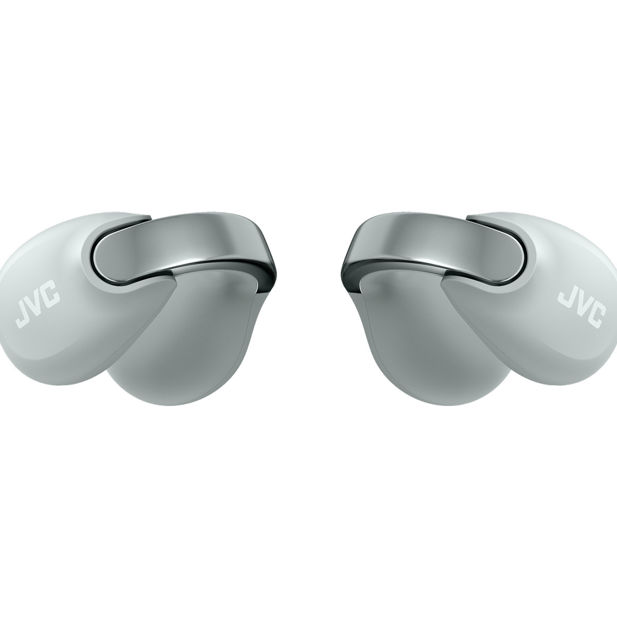 Deux écouteurs JVC blancs avec accents argentés, sur fond blanc.