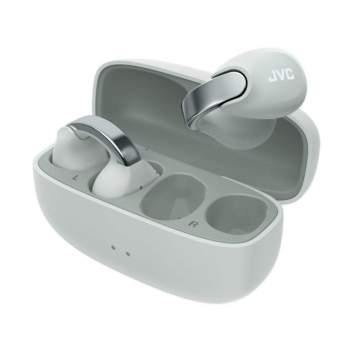Écouteurs blancs JVC avec étui de chargement, ouverts, avec accents argentés.