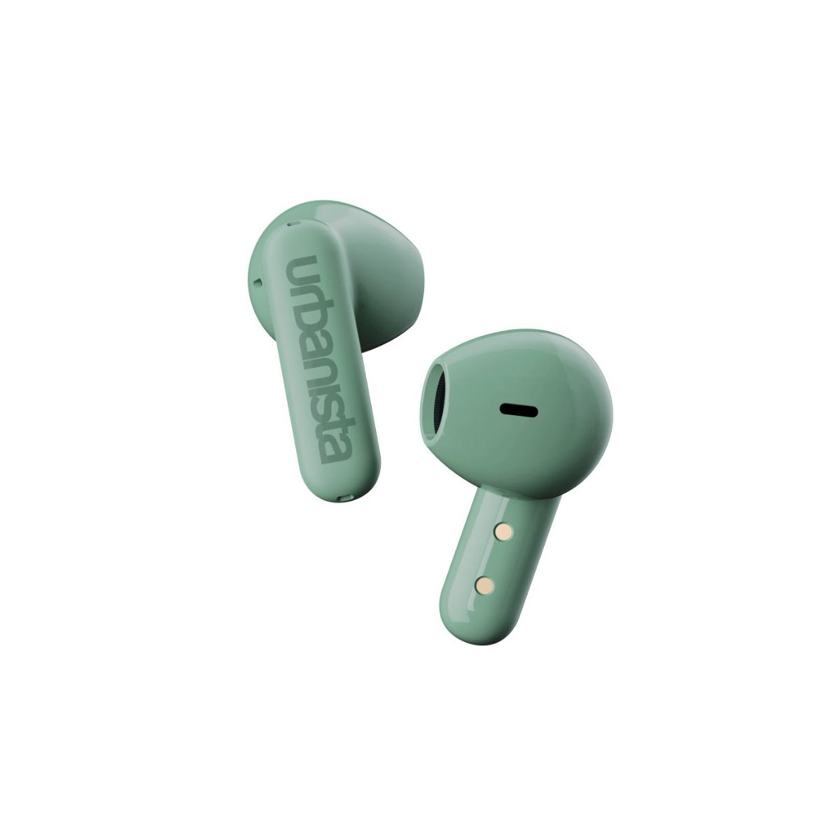 Due auricolari Urbanista verdi, uno con stelo, su sfondo bianco.