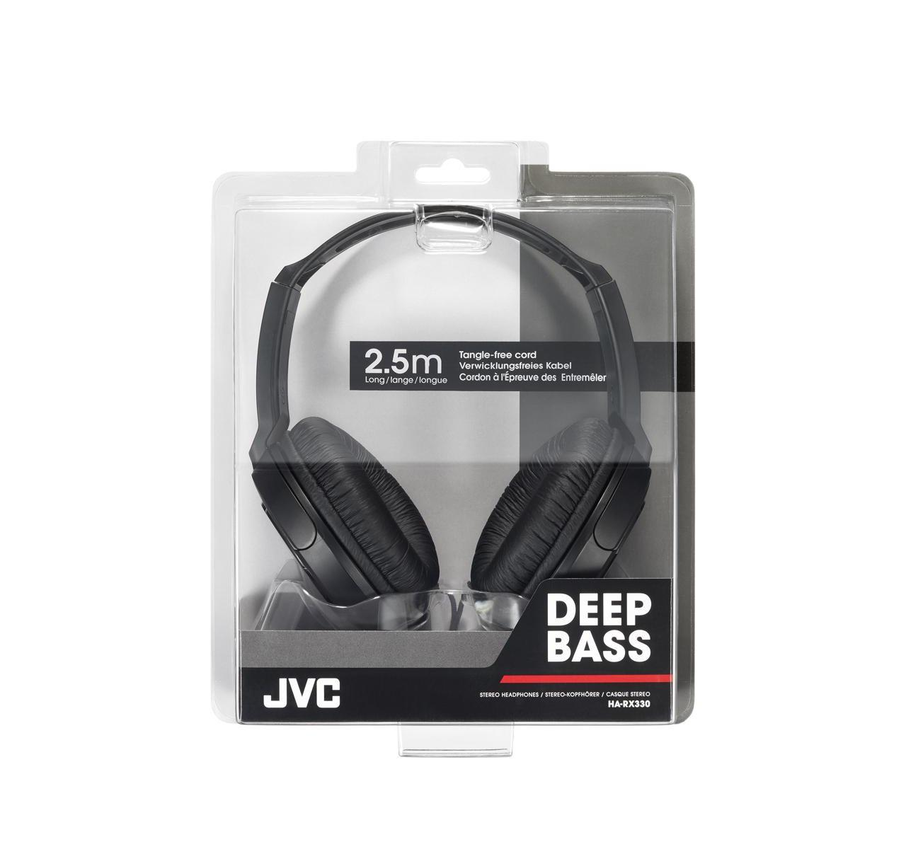 Cuffie JVC nere in confezione con cavo da 2,5m e logo "DEEP BASS".