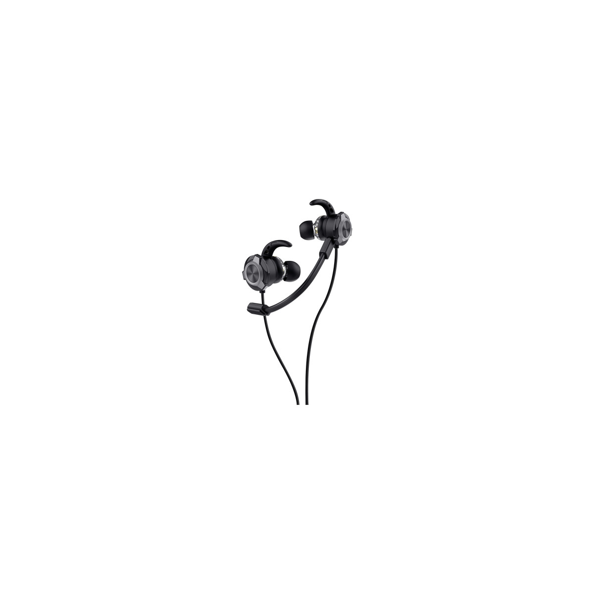 Zwarte in-ear oortelefoons met snoeren en oorhaken.